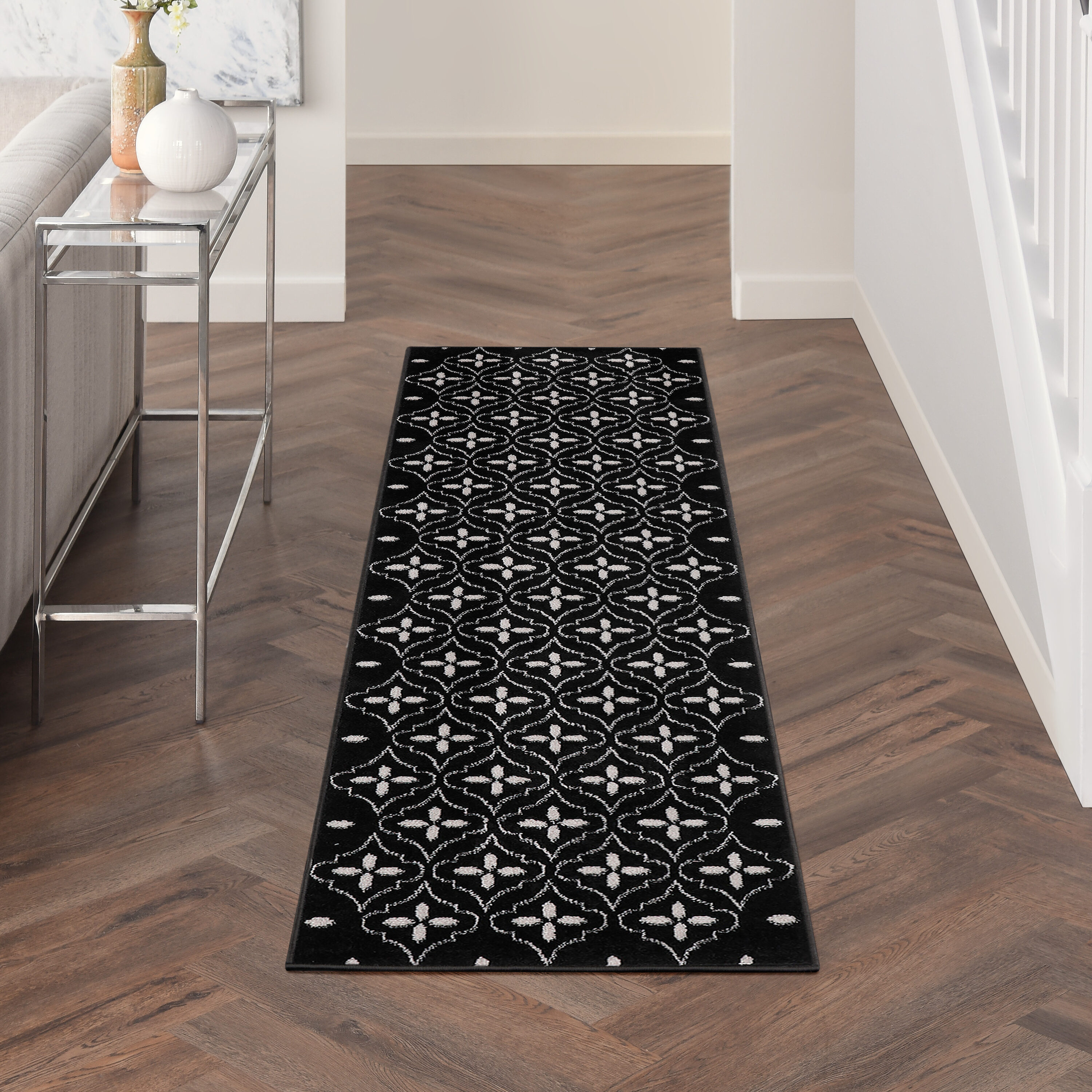 Nourison Home 099446940674 Essentials 2 x 8 (ft) Loomed Polypropylene Black Ivory Rectangular Indoor/Outdoor Trellis Runner rug