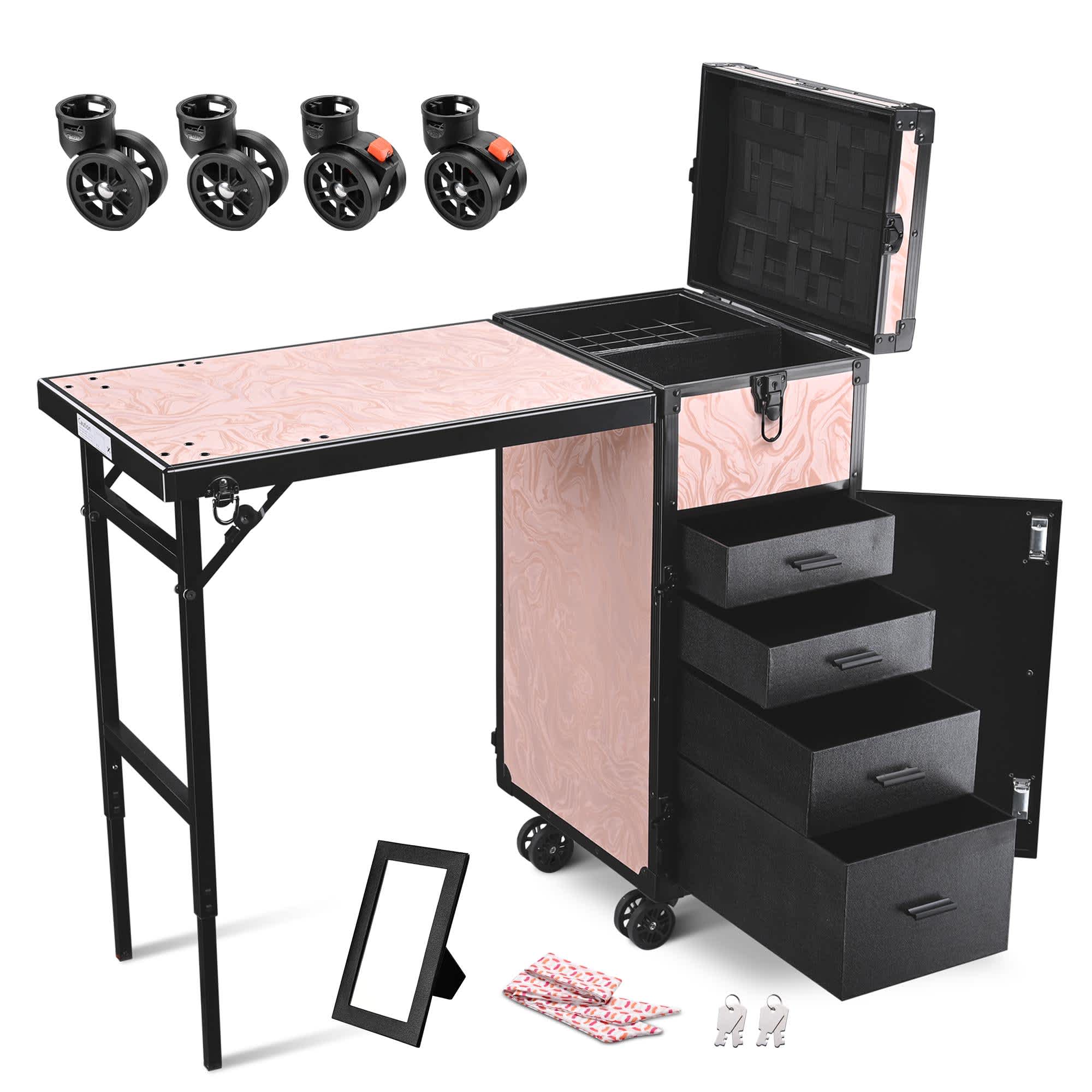 Yescom 12MKCSET-3536-C12-LO Byootique Rolling Cosmetic Case Nail Table Kit w/ 4 pcs Replacement Wheels Pink