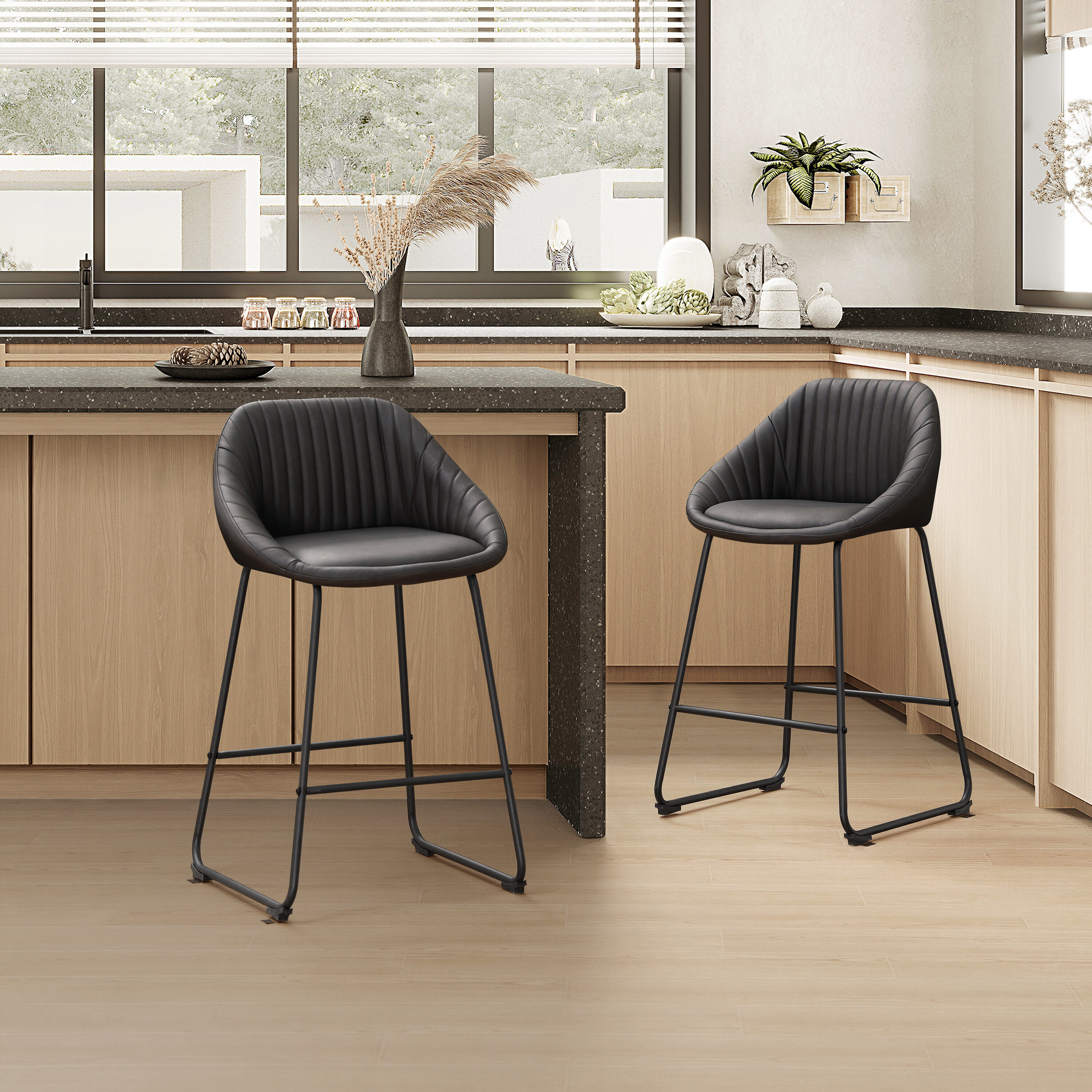 Art Leon Set of 2 Black 26.18-in H Counter height (24-in to 27-in) Round Seat Upholstered Composite Back Bar Stool Back