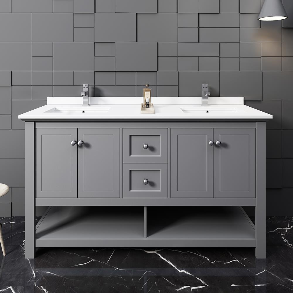 Fresca FCB2360GR-D-CWH-U Manchester 60-in Gray Undermount Double sink Bathroom Vanity with White Quartz Top