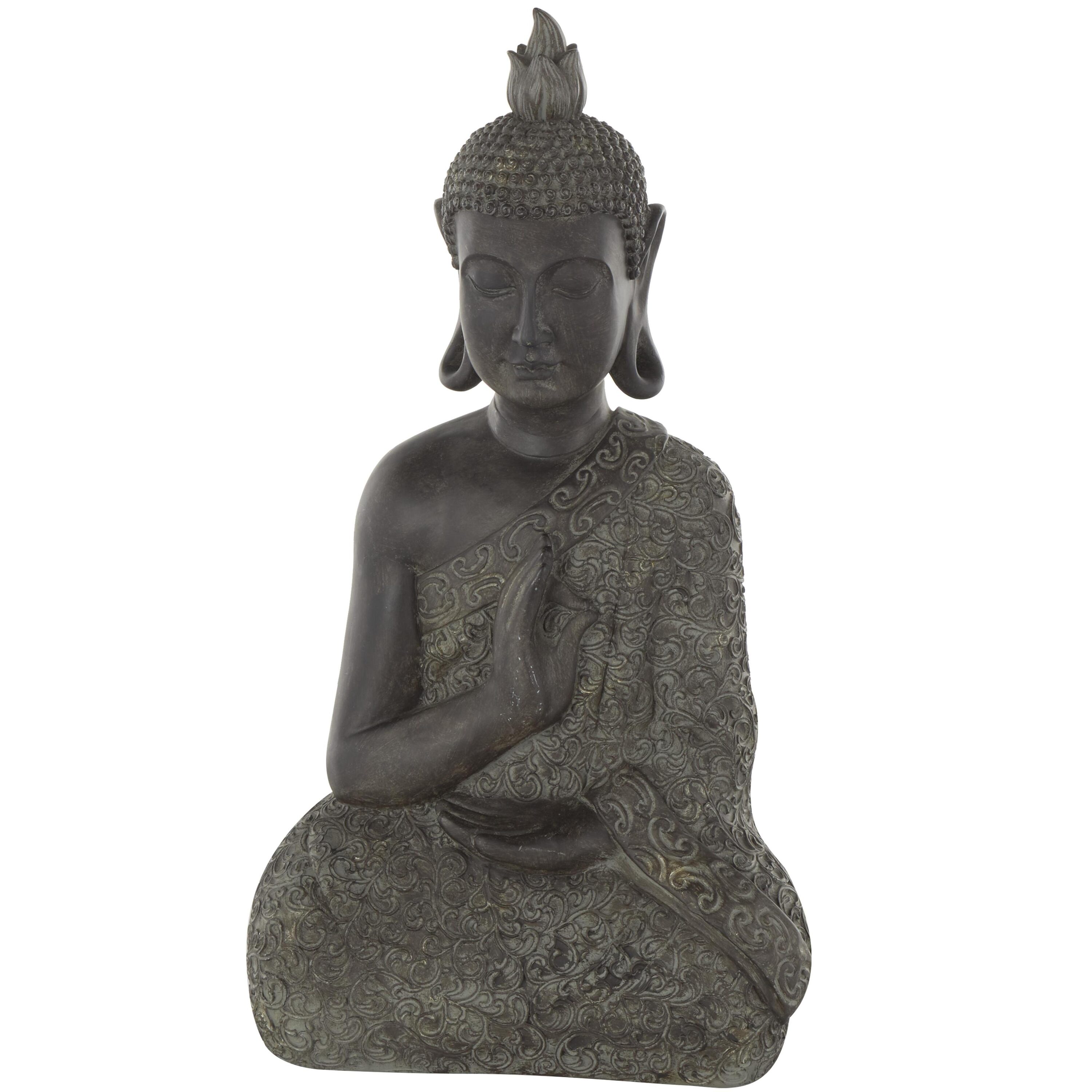 Brown Polystone Meditating Buddha Sculpture with Engraved Carvings