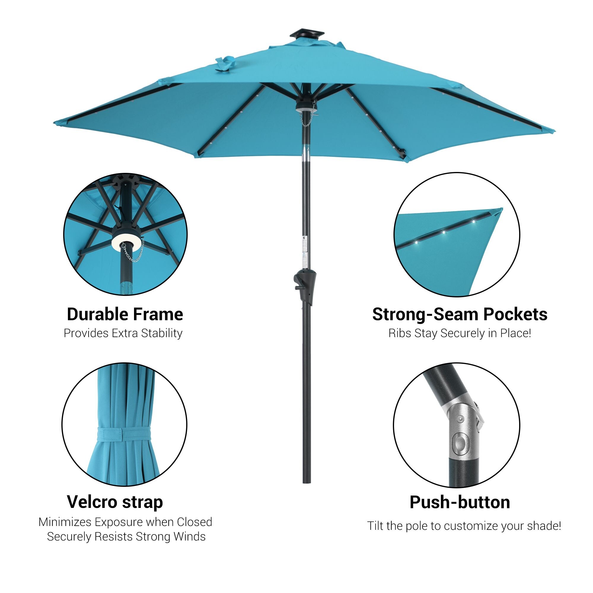 Sonkuki 9-ft Solar Powered Push-button Tilt Market Patio Umbrella in ...