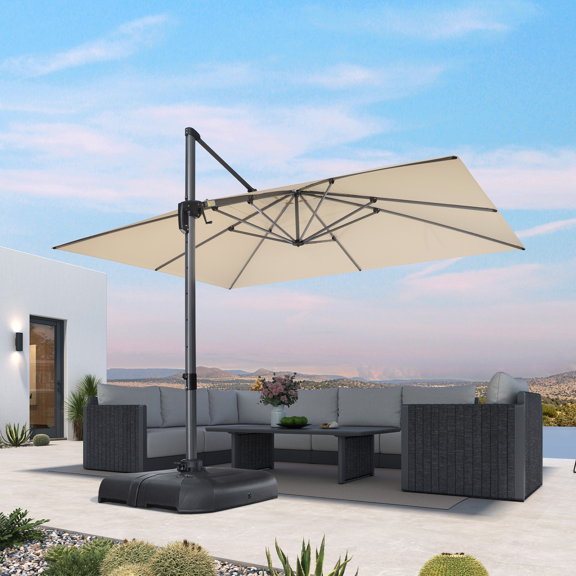13-ft Aluminum Beige Crank Cantilever Patio Umbrella with Base