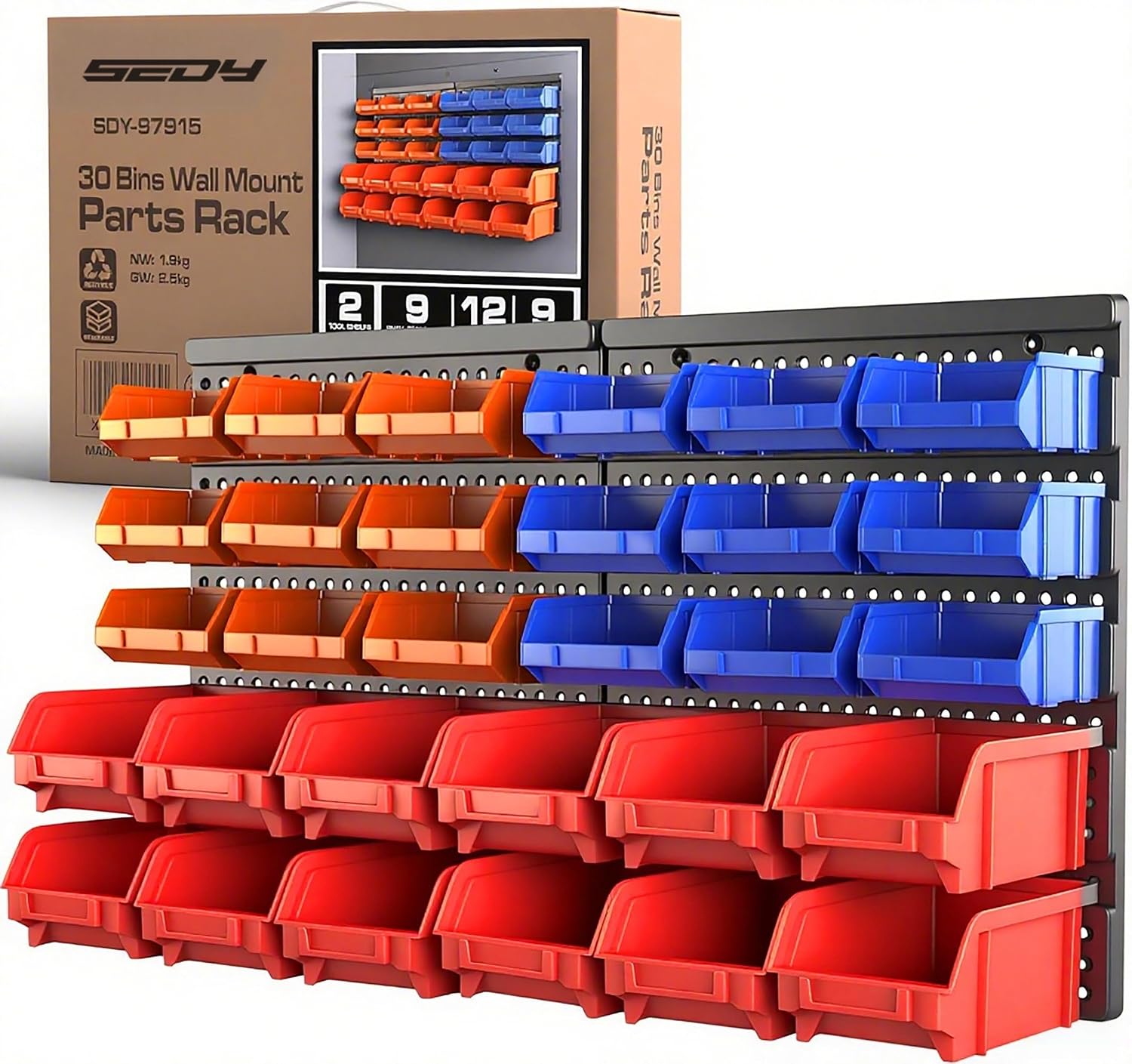 SEDY 30-Bin Wall-Mounted Storage Rack with 2 Pegboards for Organizing Screws Nuts Bolts Nails and Small Hardware Parts #SDMY1-B08721CF36