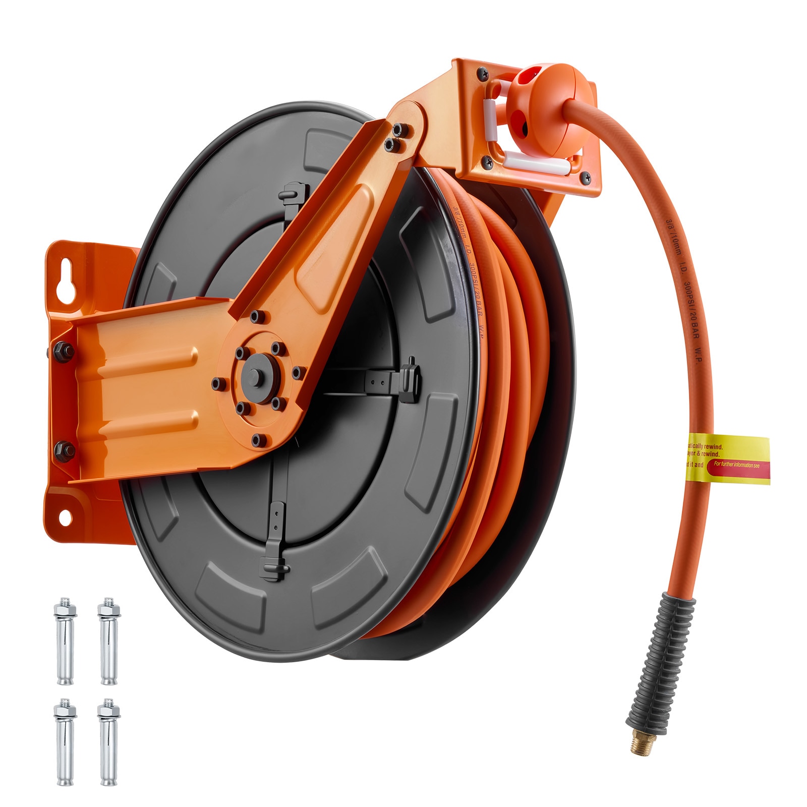 GIVIMO 50-ft Retractable Air Hose Reel 3/8-in Rubber Hose Max 300-PSI Auto-Rewind Air Compressor Reel with 5-ft Lead-In and Steel Dual Arm for Garage Workshop #LW038GIVSS1138