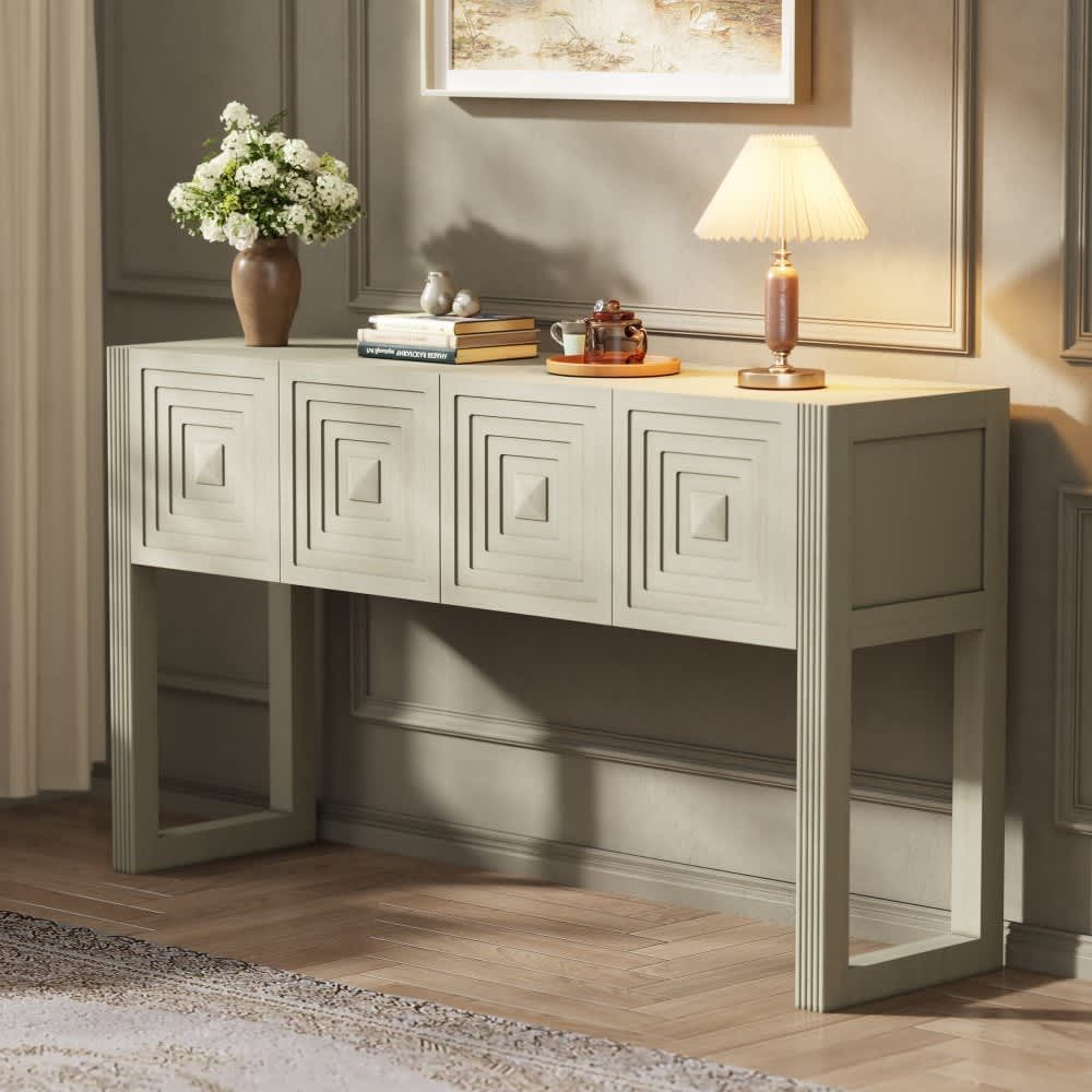 Coolbibila - 55 In Art Deco Natural Painted Pine Wood Console Table with 3 Soft Close Drawers Flu...