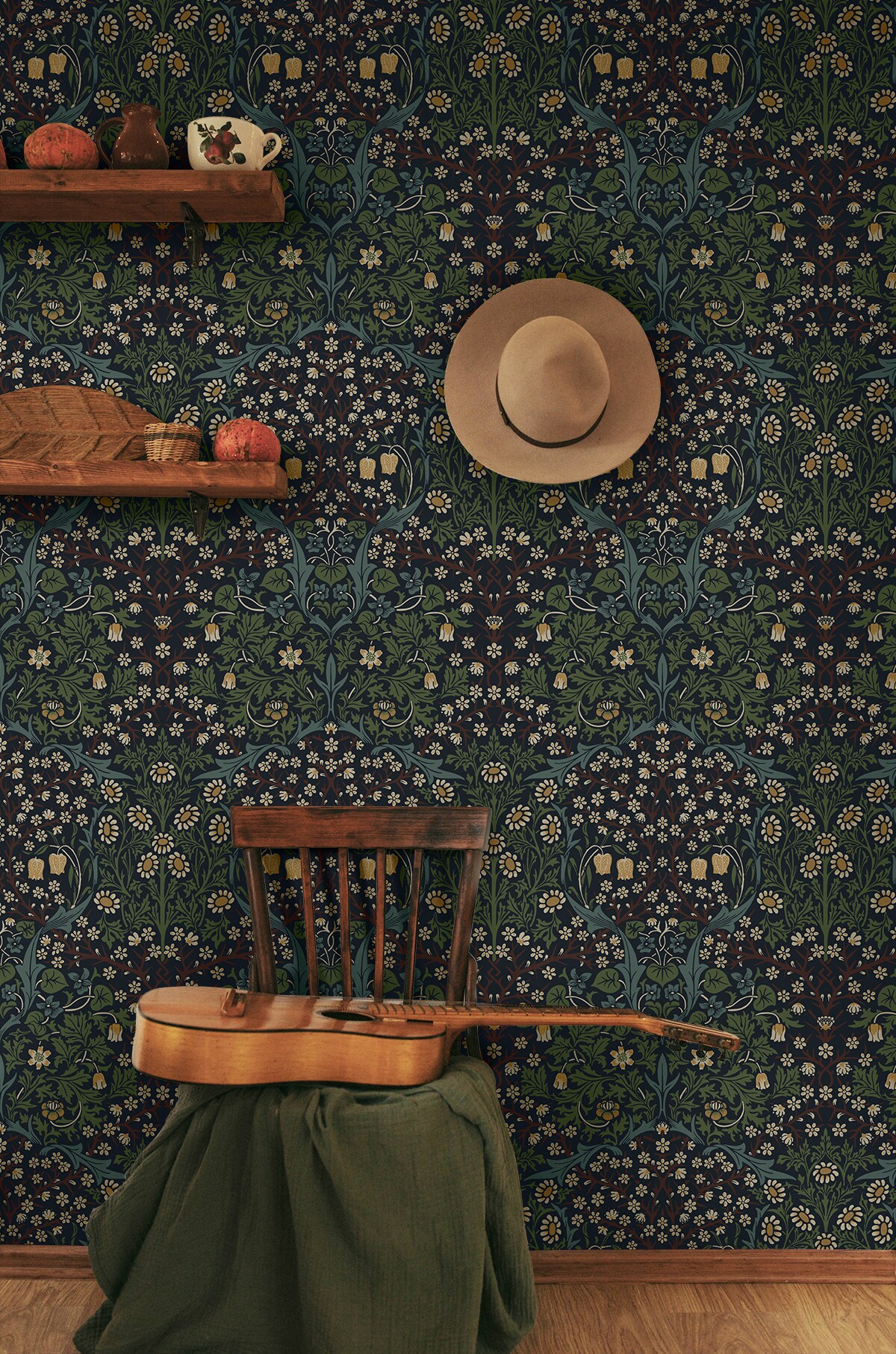 Midnight Blue and Evergreen Damask Floral Peel and Stick Wallpaper
