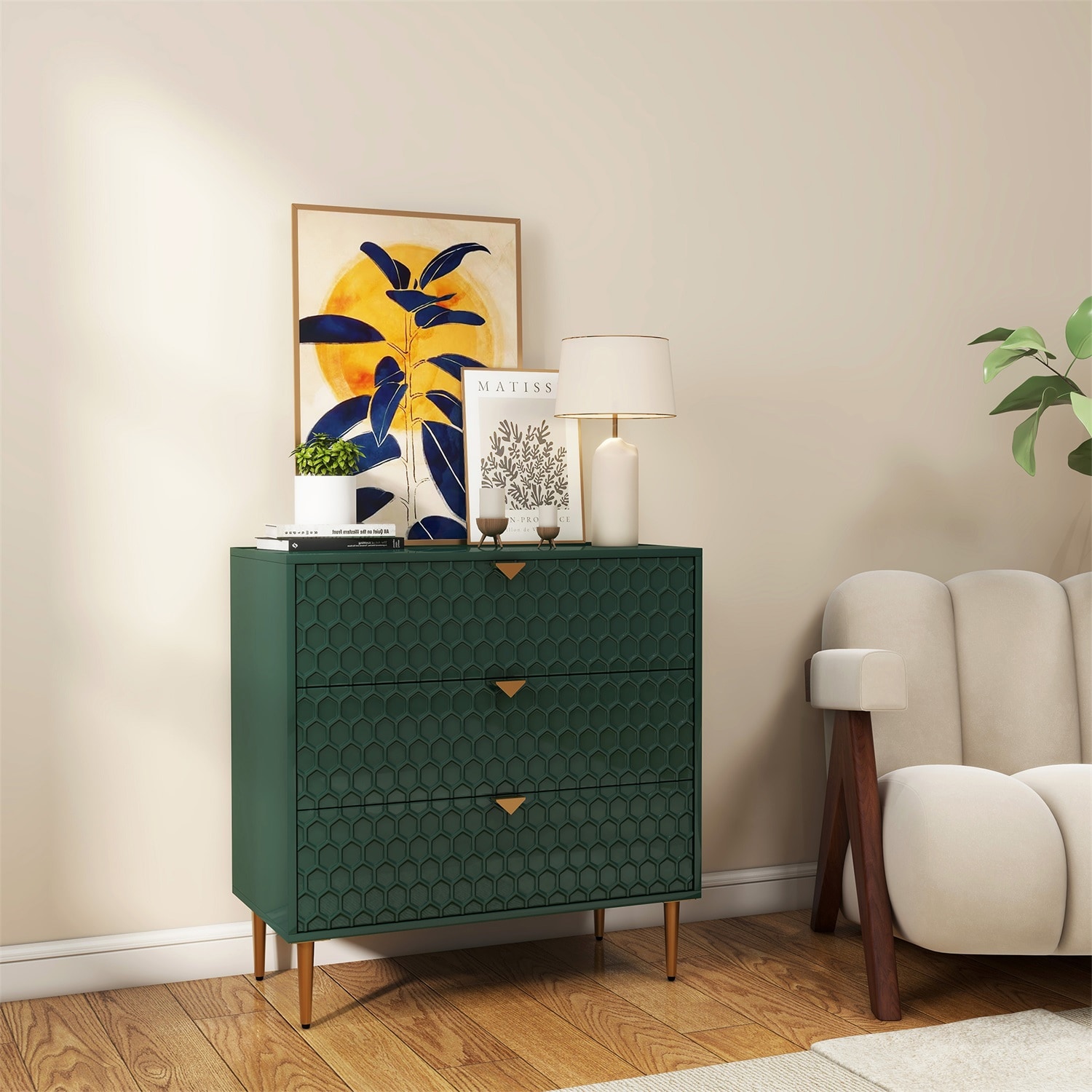 Green Honeycomb Pattern 3-Drawer Freestanding Office Cabinet