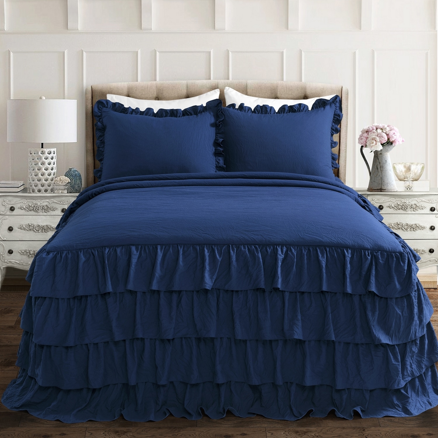 Navy Queen Ruffle Skirt Bedspread Set with Shams