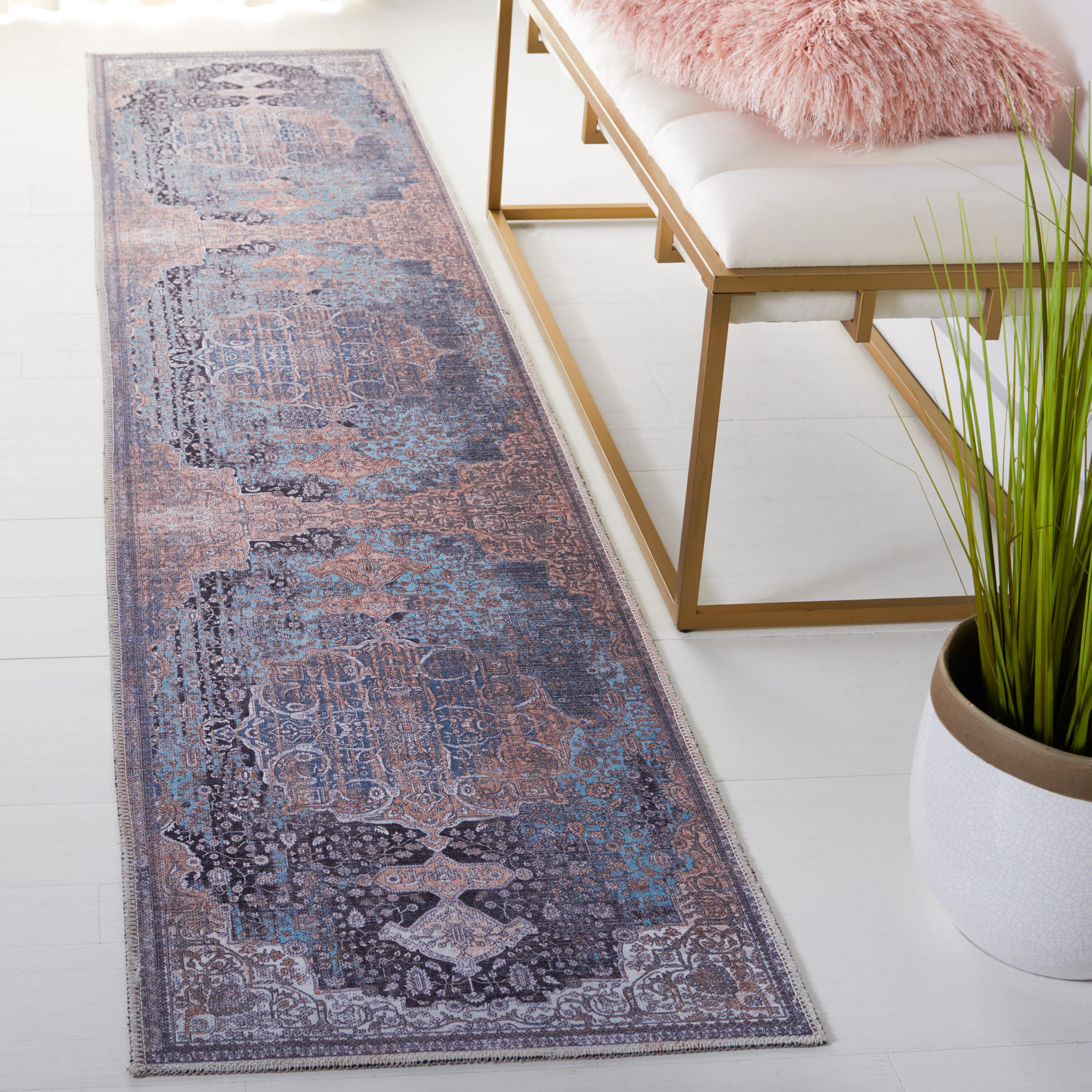 Safavieh SEP532A-29 Serapi 2 x 9 (ft) Loomed Cotton Ivory/Light Blue Rectangular Indoor Border Machine washable Runner rug