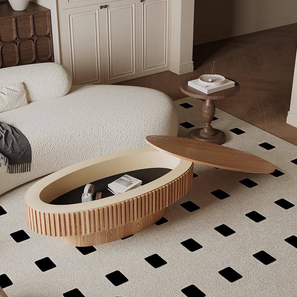 Coolbibila LIAM-COFFEE-NATURAL 47 Inch Oval Natural Wood Coffee Table with Lift Top Hidden Storage and Fluted Base for Living Room