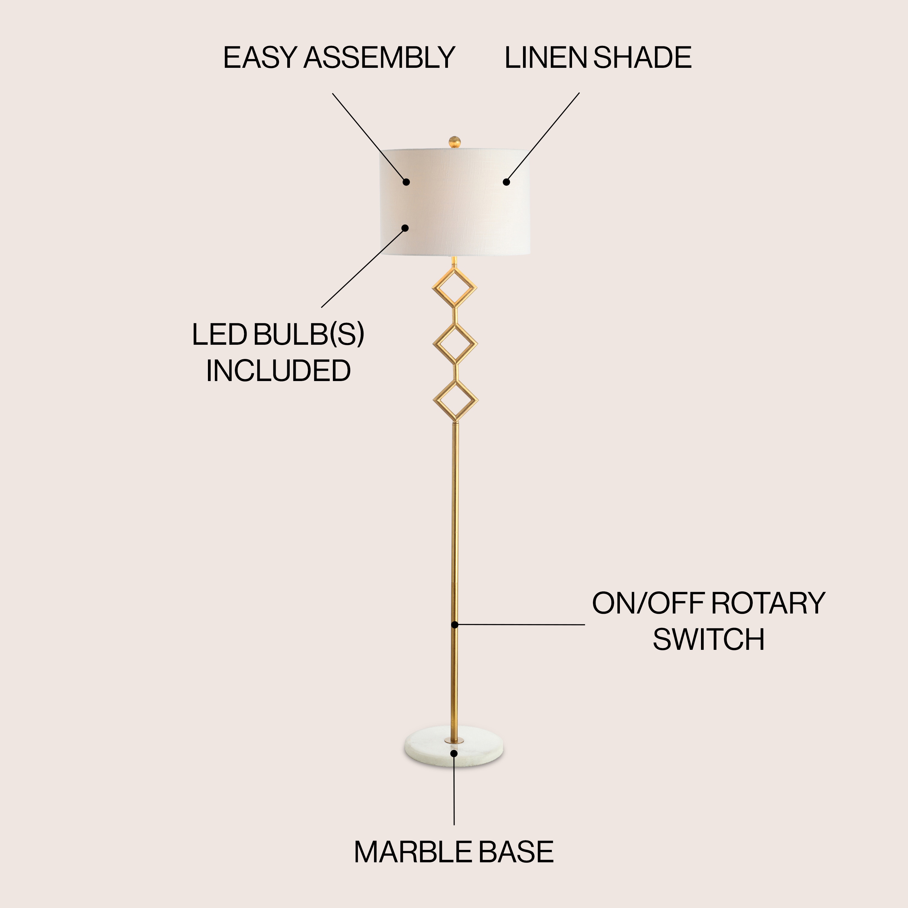 61.5" Gold Metal Floor Lamp with White Linen Shade