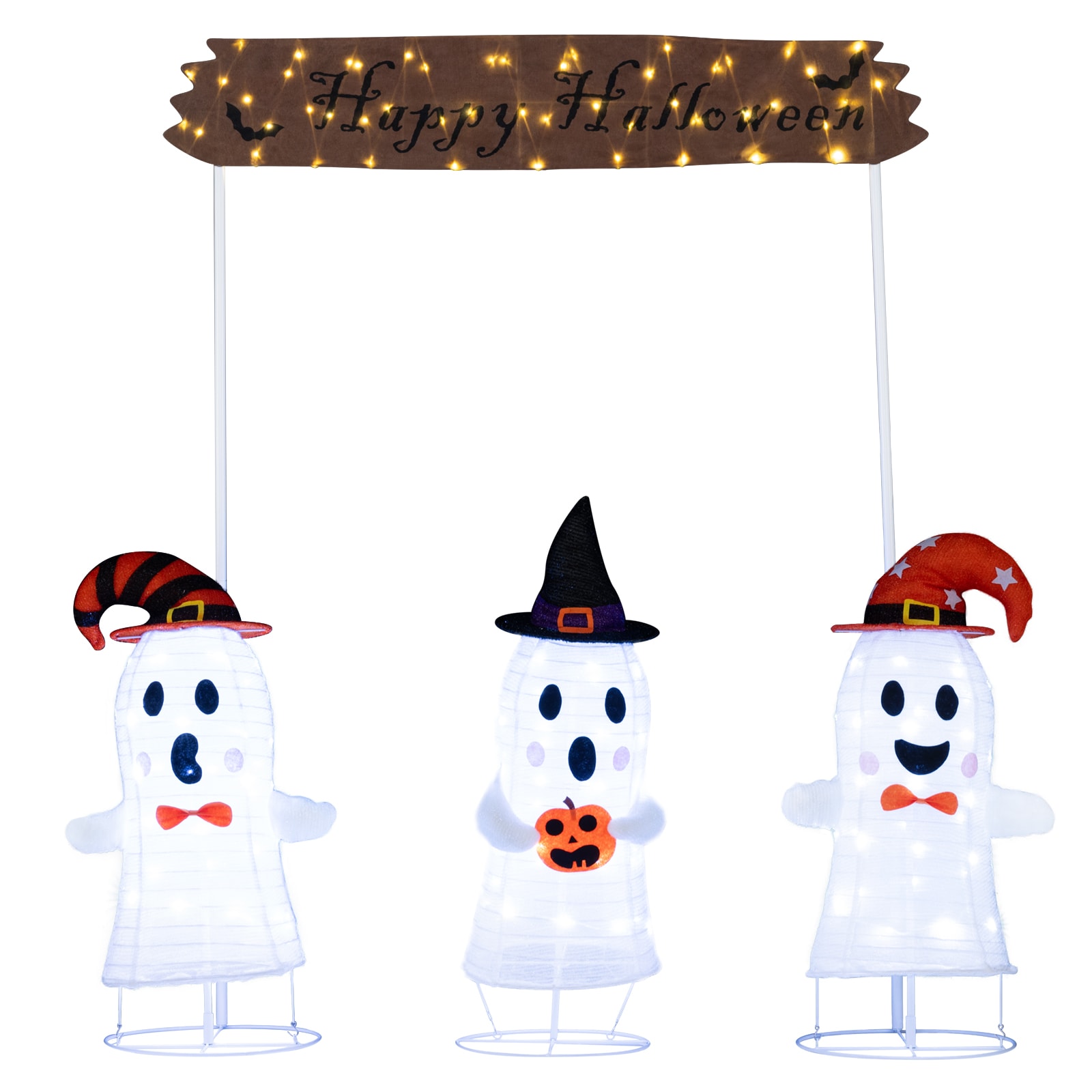 Slickblue 67in Stand Mounted Pop up Halloween Ghost Set with LED Lights and Happy Halloween Sign for Yard Lawn or School Display