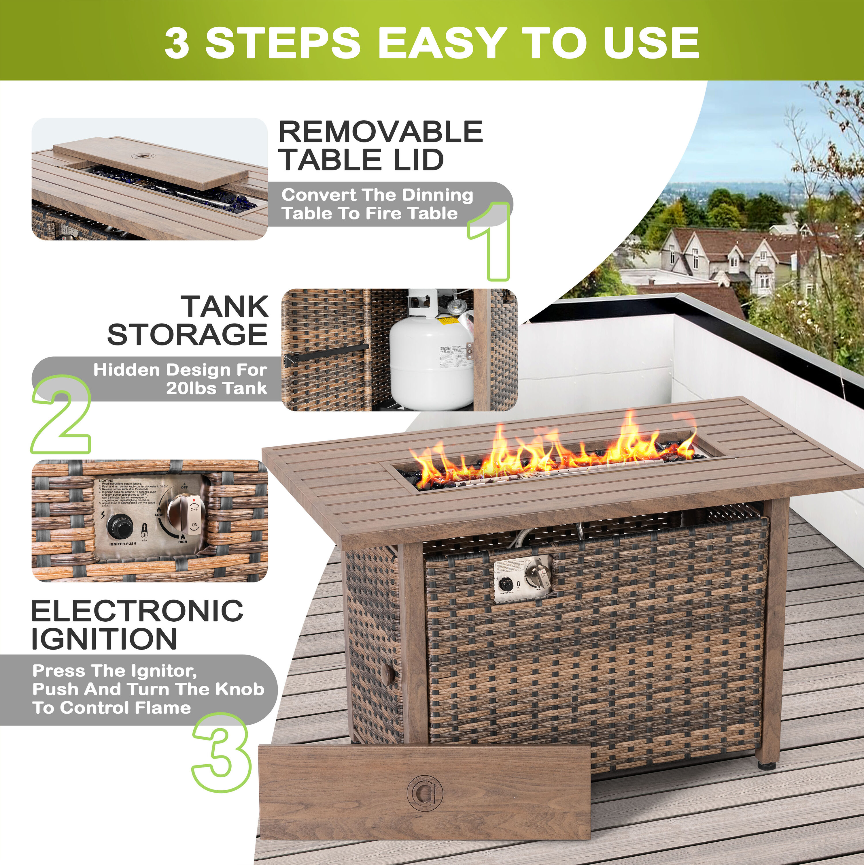 Nuu Garden 43'' Brown Rattan Gas Fire Pit Table with Glass Beads