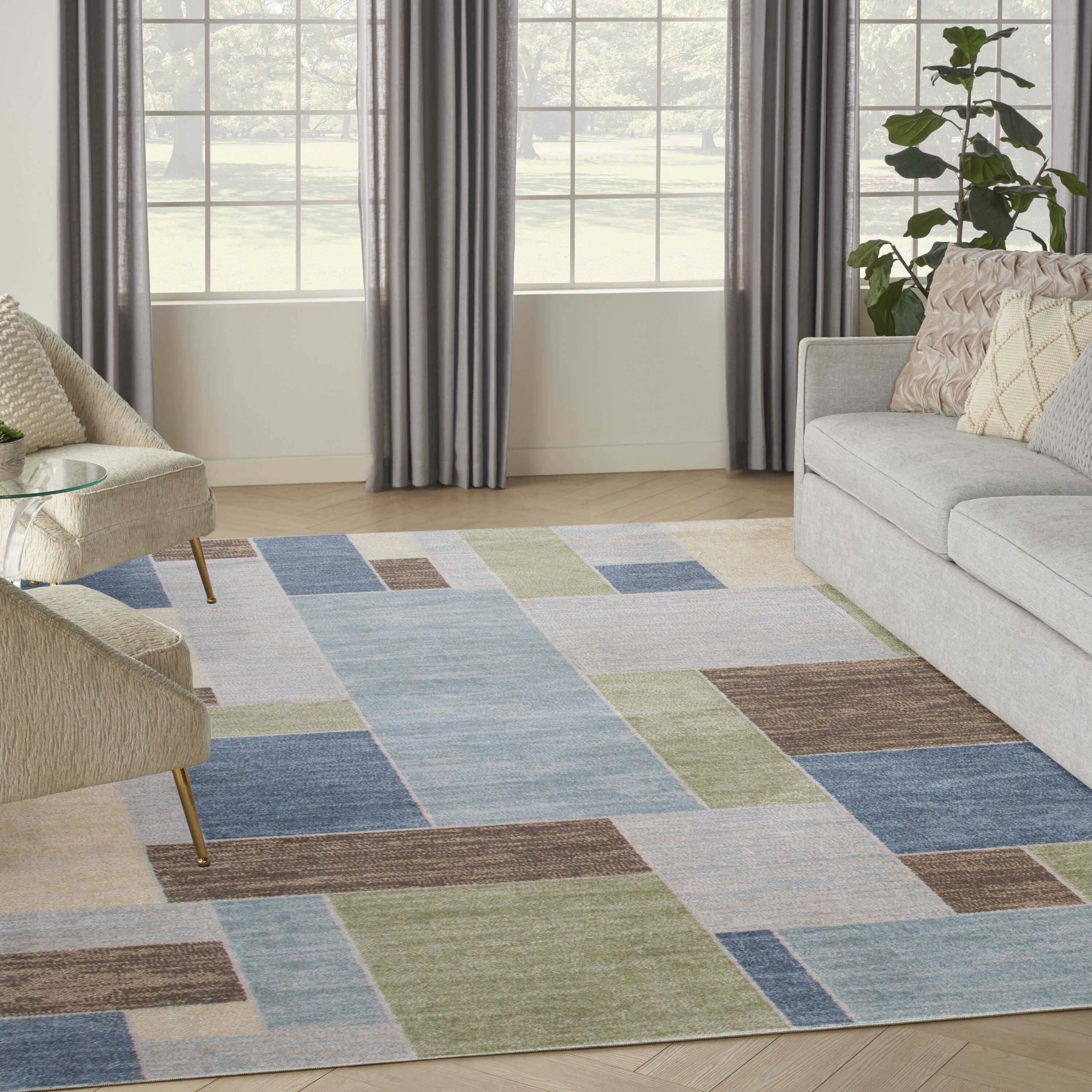Nourison Home 099446944467 Astra Machine Washable 9 x 12 (ft) Loomed Blue Green Multi Rectangular Indoor Geometric Mid-Century Modern Machine washable Pet Friendly Area rug