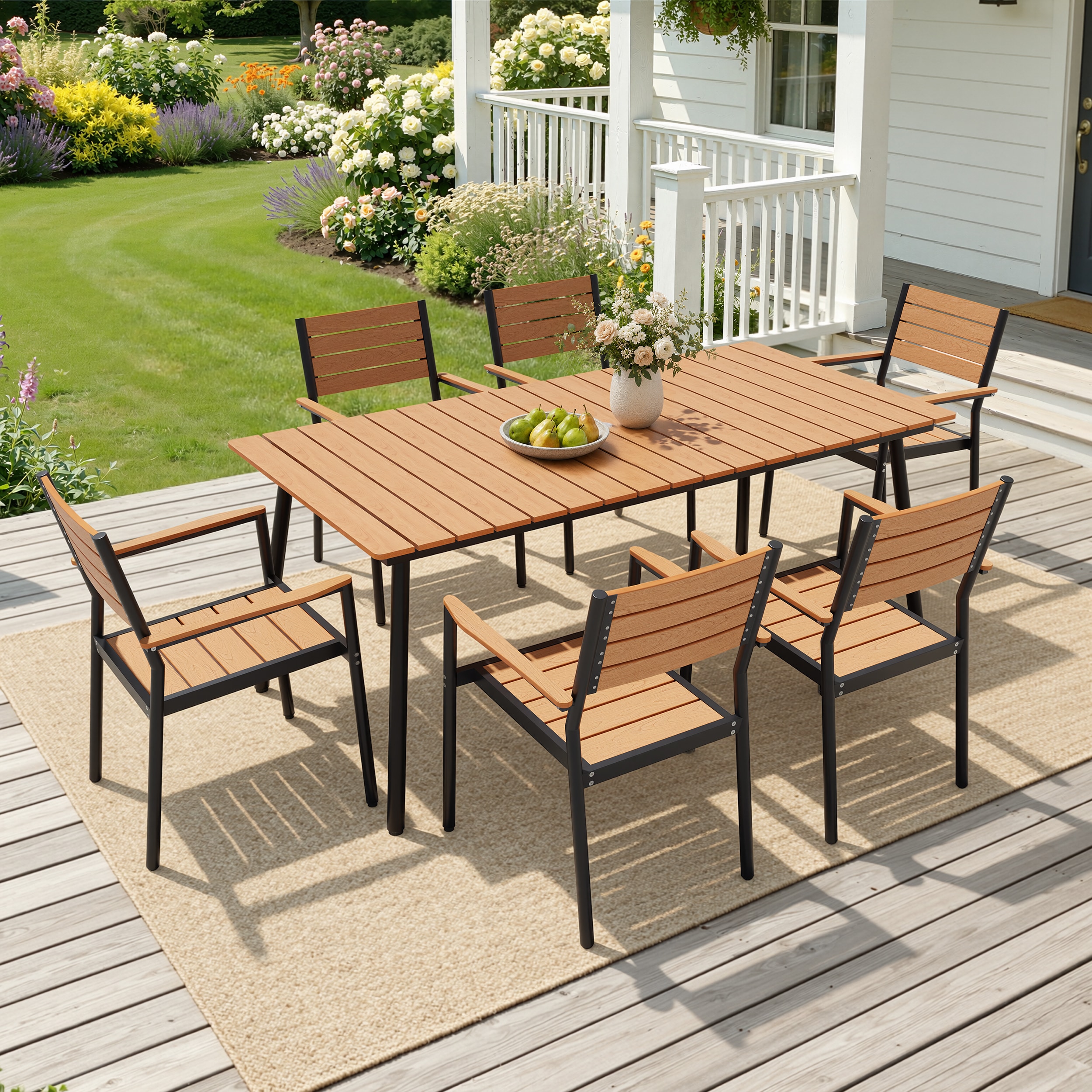 Crestlive Products - 7 -Piece With Armrest Patio Dining Set Aluminum Rectangle Table with 6 Brown...