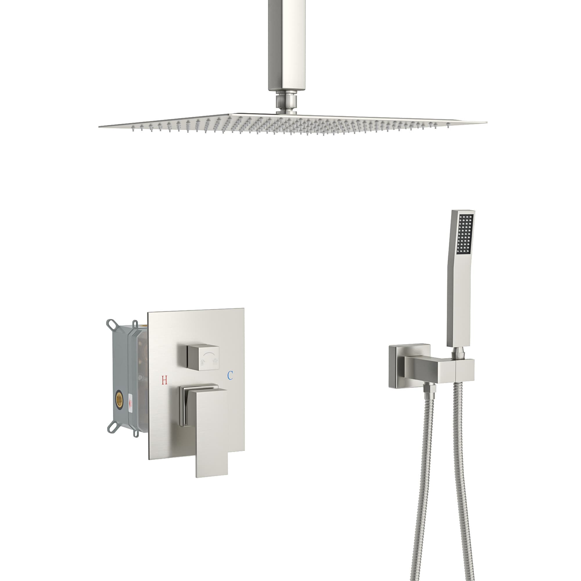 WELLFOR DTG-806CS10BN DT Ceiling Rain Shower System Brushed Nickel 1-handle Single function 10-Inches Square Shower Faucet with Valve