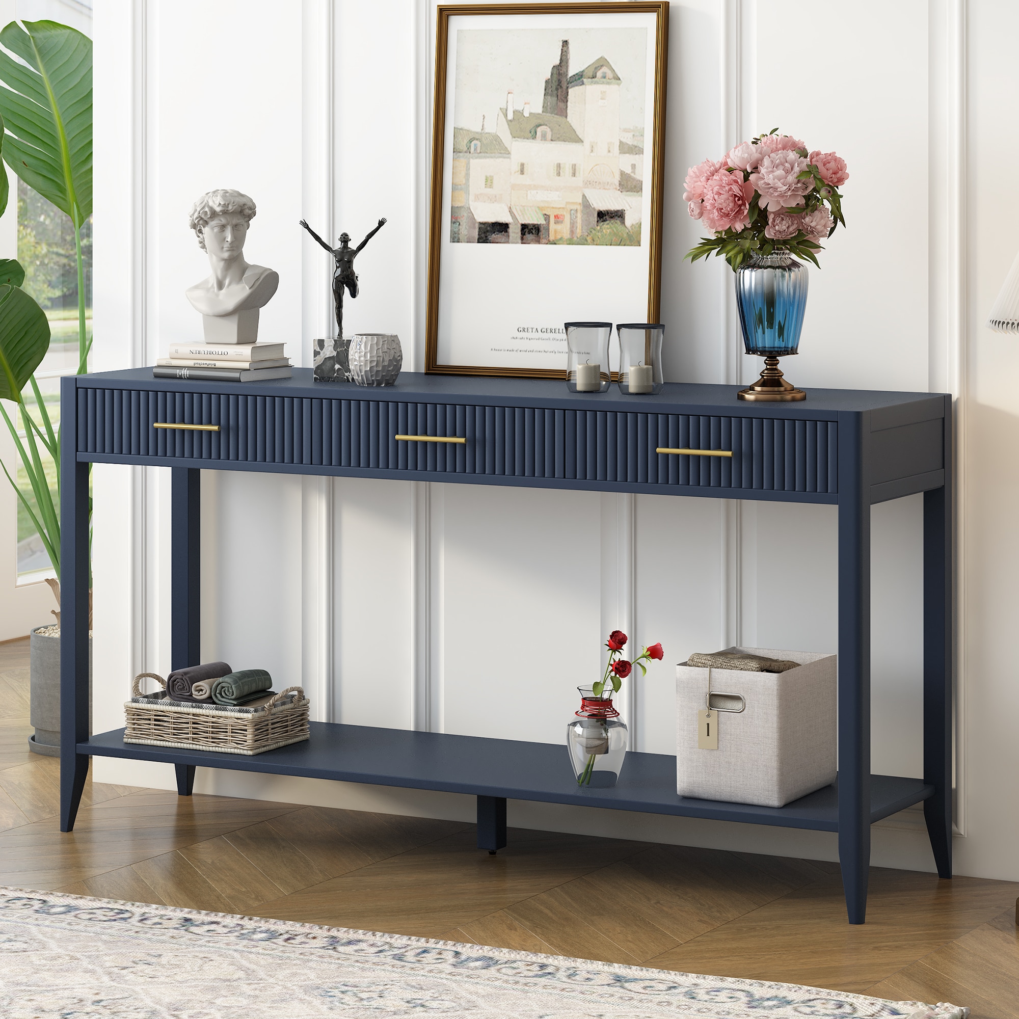 ModernLuxe N711P190531V 60inch Painted Console Table with 3 DrawersWooden Entryway Table with Storage Shelf Farmhouse Sofa Table for Living Room HallwayEntryway Foyer CorridorNavy Blue
