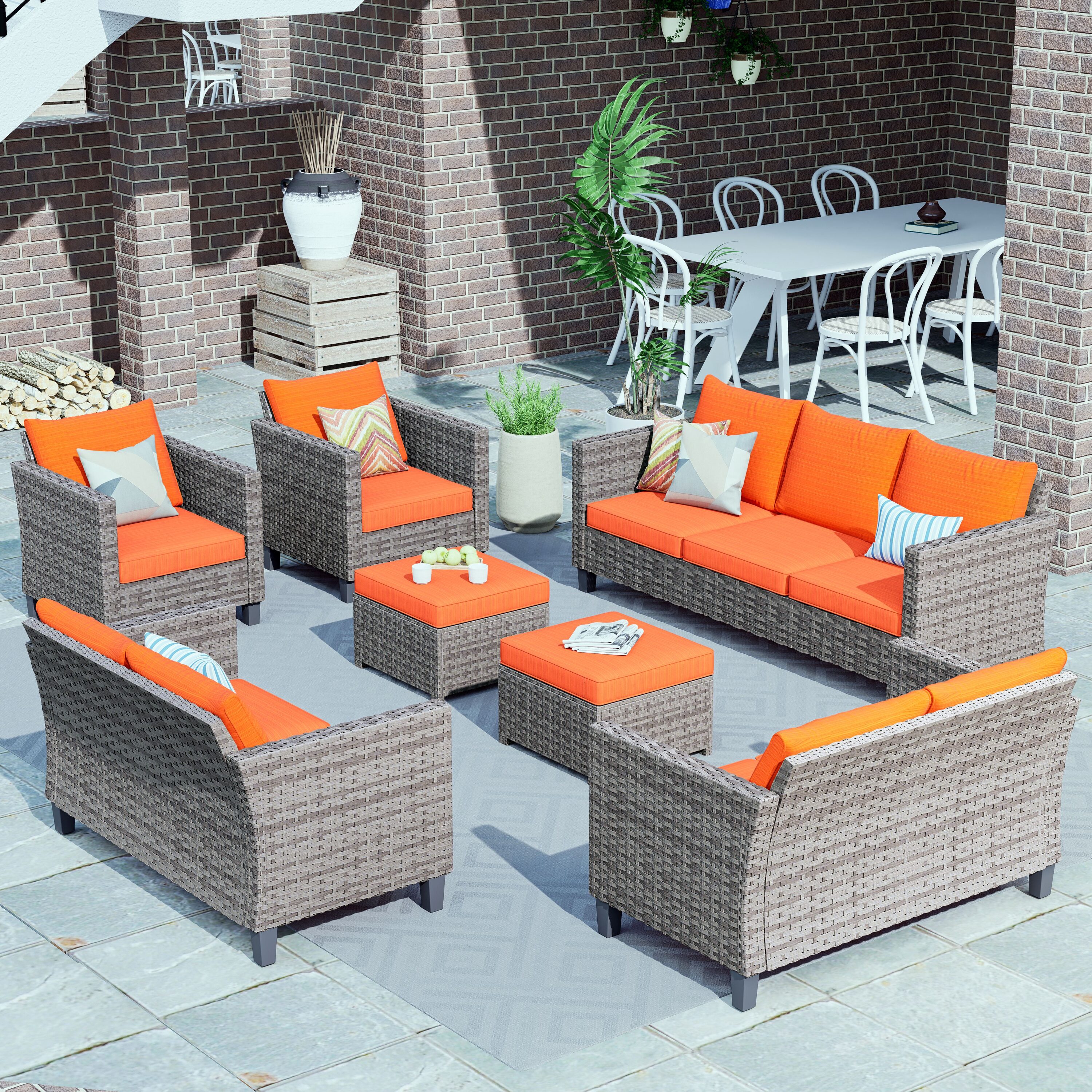 Pouuin SGRS8009 7 -Piece Wicker Patio Sofa Conversation Set with Blue Cushions