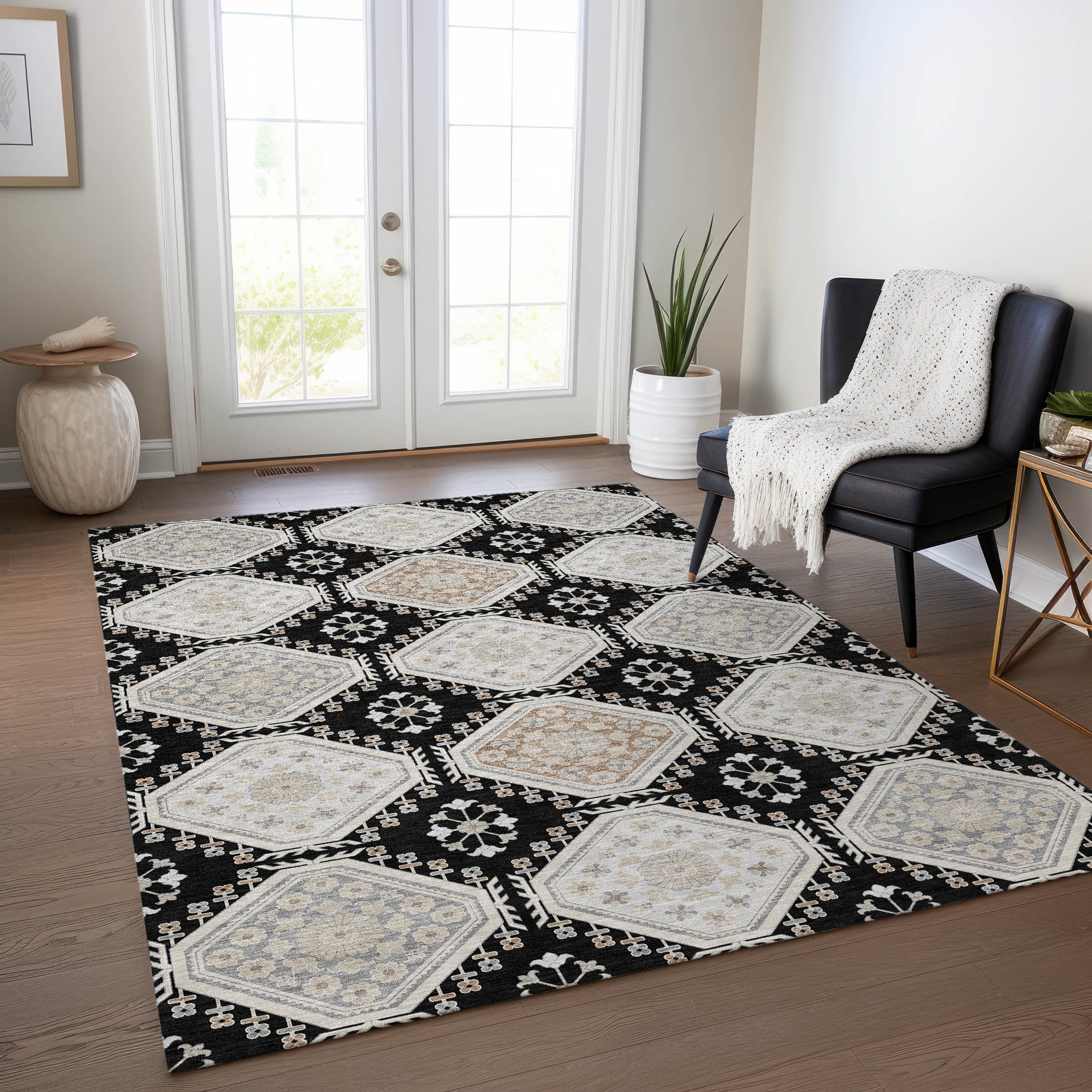 Addison Rugs ACN1443BK5X8 Chantille ACN1443BK 5 x 7 (ft) Polyester Black Rectangular Indoor/Outdoor Geometric Machine washable Area rug