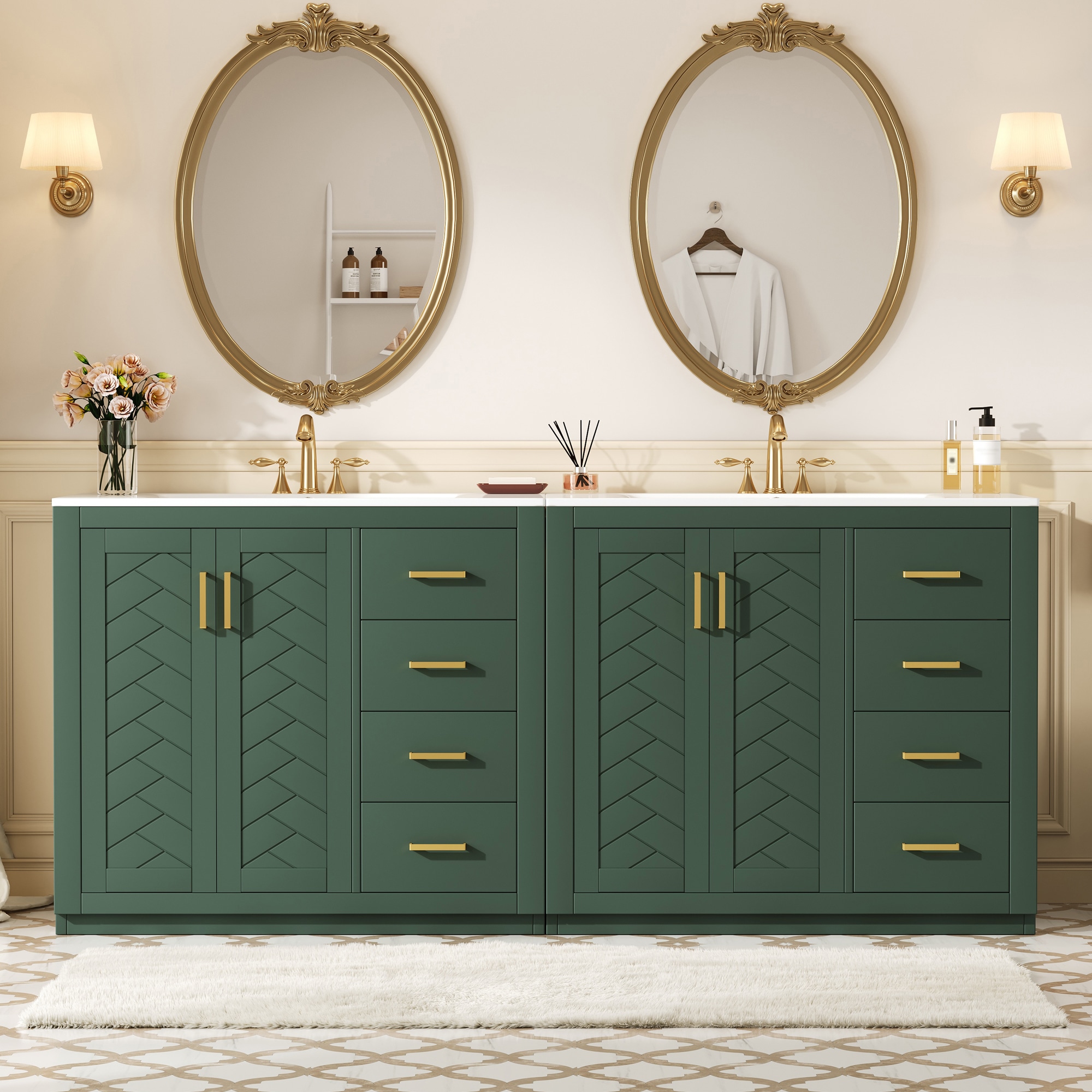 Afhocomp 72-in Double Sink Freestanding Green Bath Vanity with White Integral Ceramic Basin