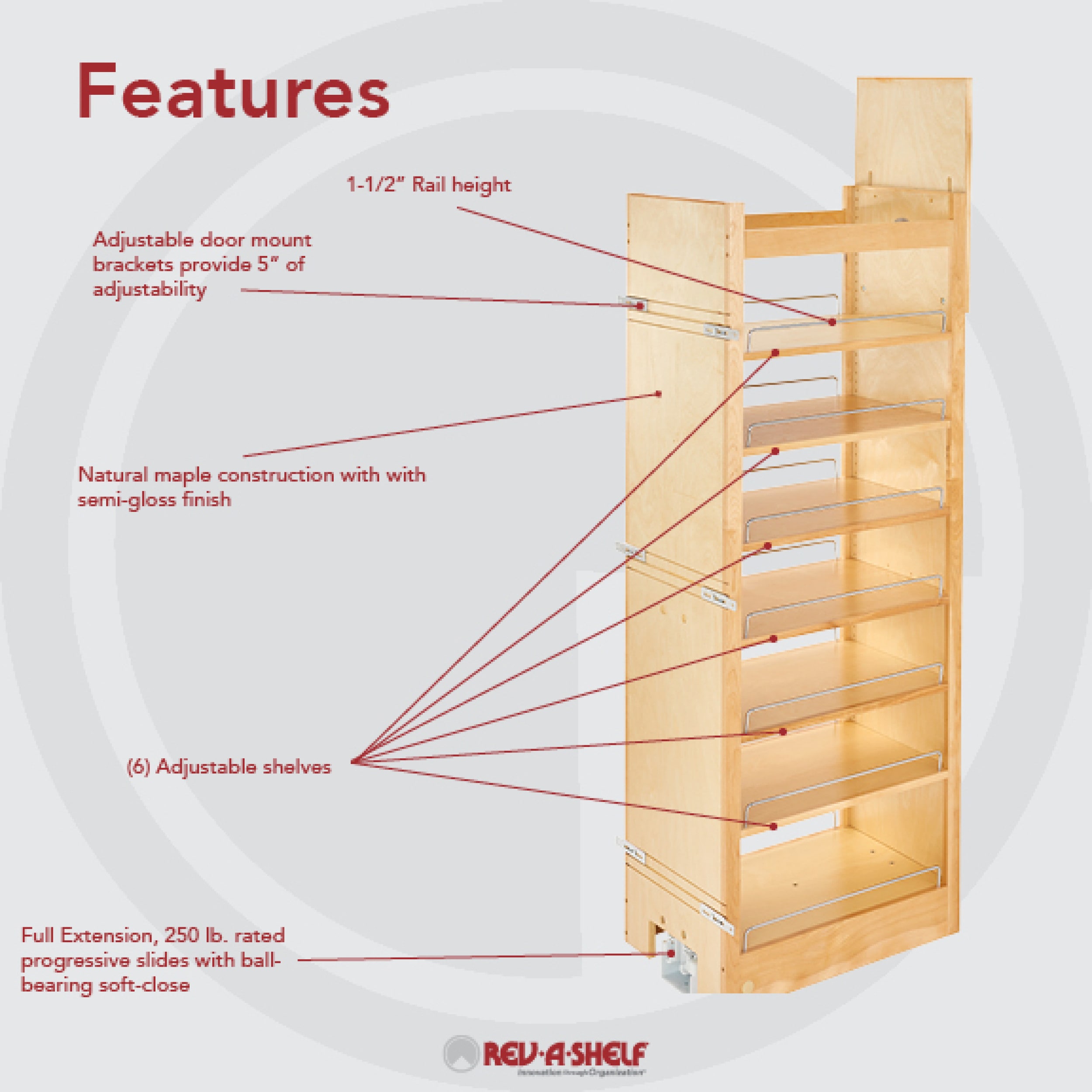 Rev-A-Shelf 8 Pull Out Base Cabinet Organizer with Adjustable Shelves and  Soft-Close Slides for Kitchen or Vanity Cabinets, Maple Wood,448-TP58-8-1