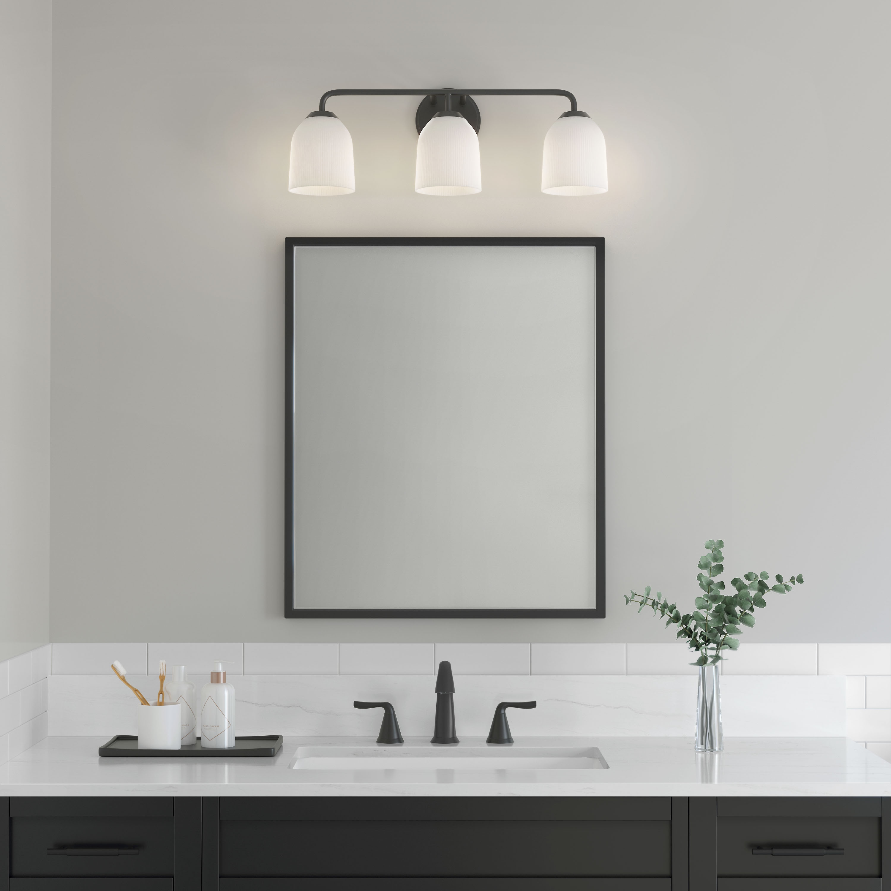 Matte Black 3-Light Vanity Fixture with Opal Glass Shades