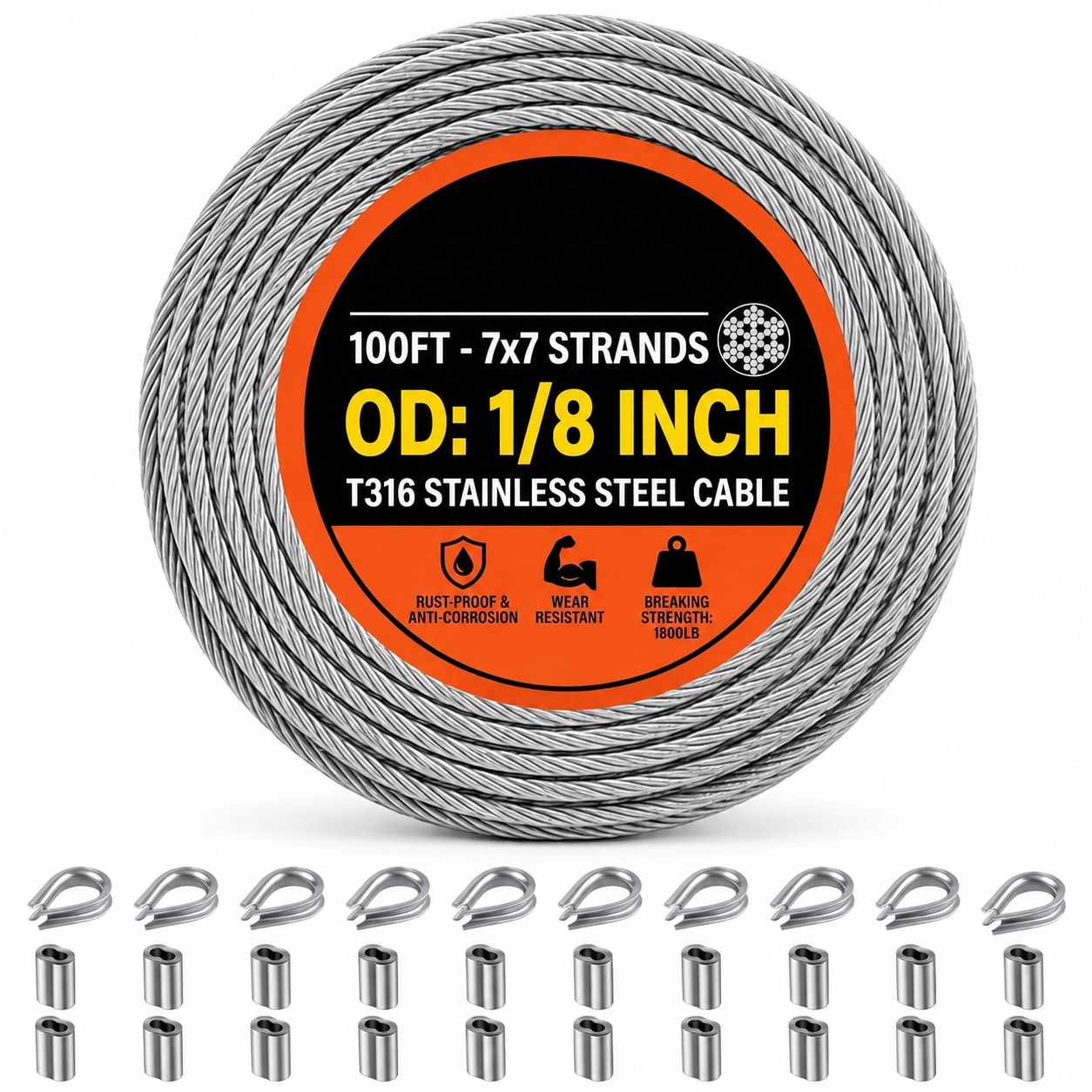 Lukvuzo  100FT T316 Stainless Steel Cable Roll with Cutter 7x7 Strands Wire Rope for Deck Railing Stair Handrail Porch Fence High Strength for