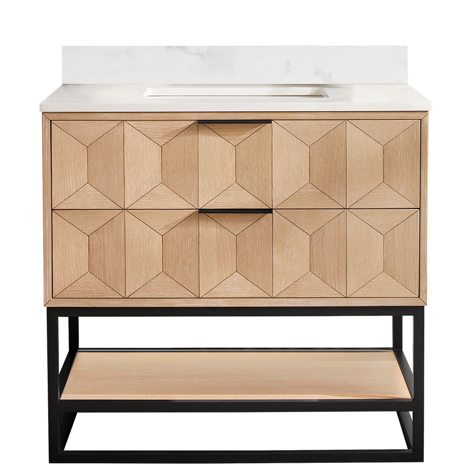 Vinnova 705936B-WA-BK-NM Milagro 36G in. Free-standing Single Bath Vanity in Washed Ash Grey with Fish Maw White Quartz Stone Top and Mirror