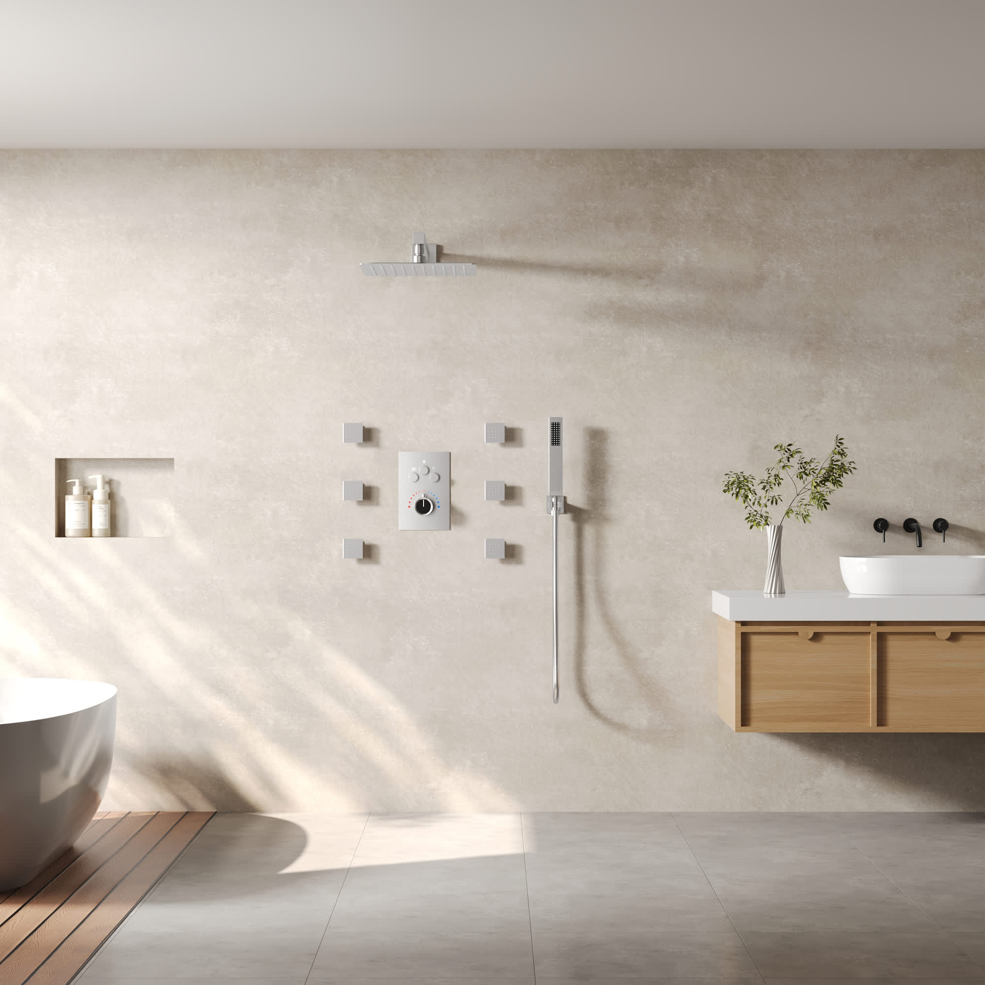 EVERSTEIN SFS1003-NK12 6 in. and 7-Spray 12 in. Thermostatic Wall Bar Shower Systems with Handheld 2.5 GPM in Brushed Nickel(Valve Included)