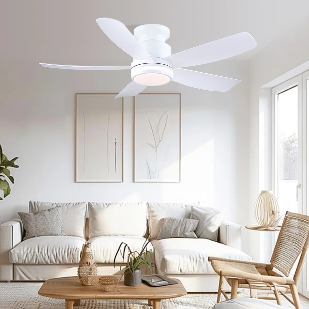 Kviflon  41 in White Flush Mount Ceiling Fan with Light Modern Minimalist Style Curved Blades Side Ring and Main Light Quiet DC Motor Remote and App Control for Living Room
