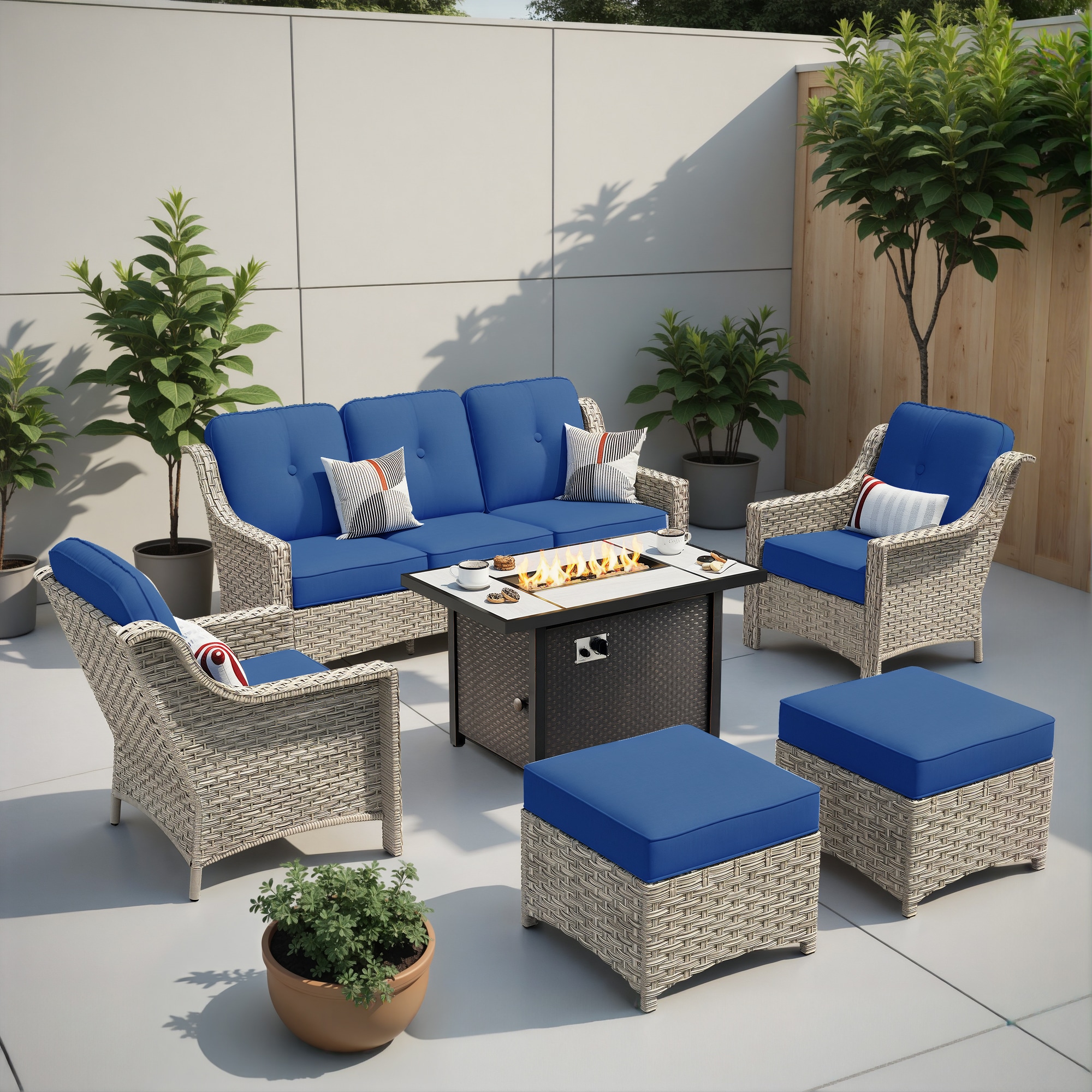 weaxty HMBCFP03-BPAD706 Aireno 6 -Piece Wicker Patio Sofa Conversation Set with Blue Cushions