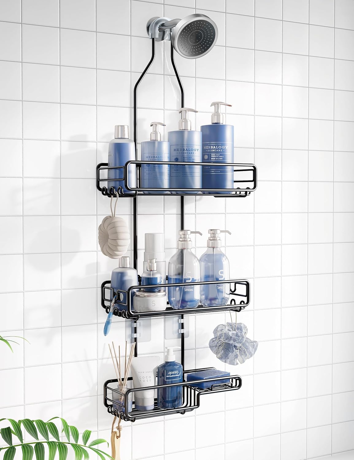 Kitstorack 3-Tier Adjustable Hanging Shower Caddy Over Showerhead Organizer with Soap Dish and Hooks Rust-Proof Stainless Steel Matte Black Extra Large Storage Shelf