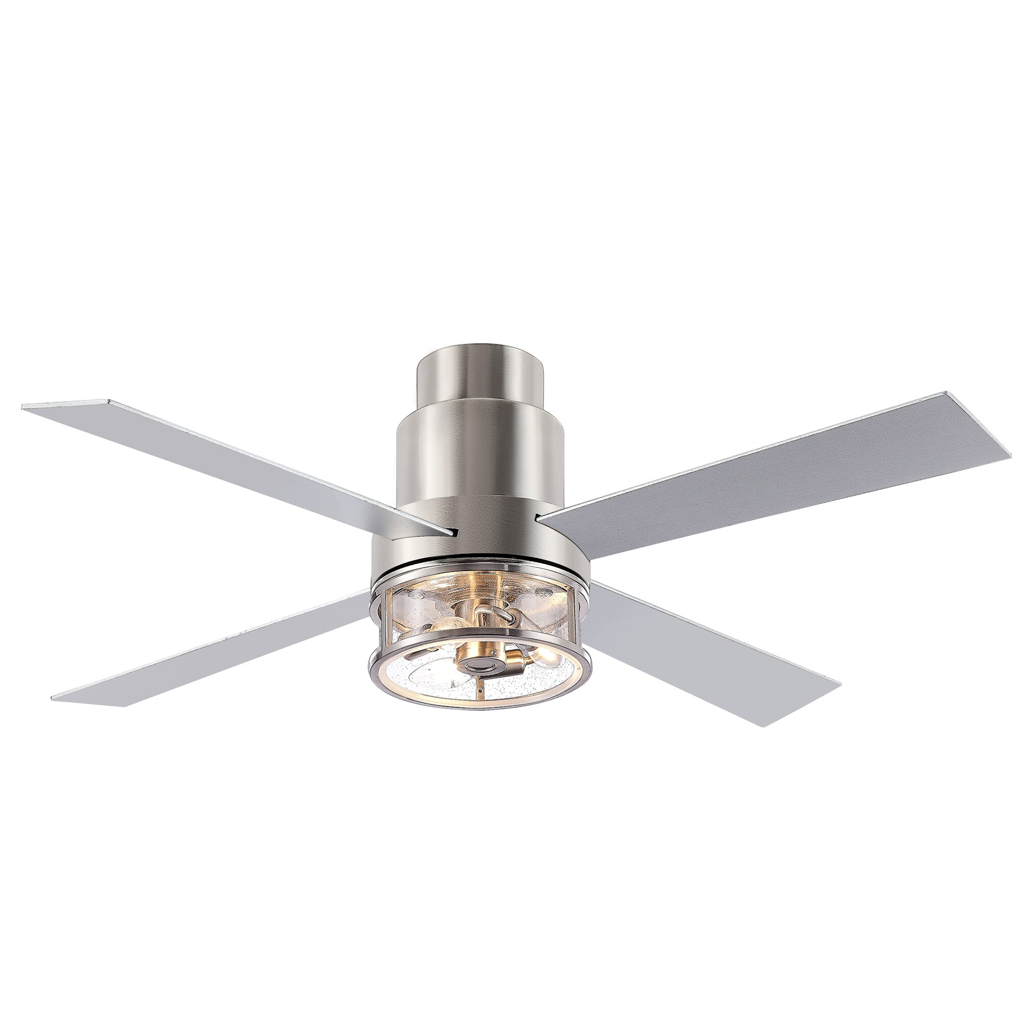 Breezary 25002-BN 52-in Integrated LED Flush Mount Satin Nickle with Silver Blades Chandelier Ceiling Fan With Light - Remote Included ( 4 -Blade )