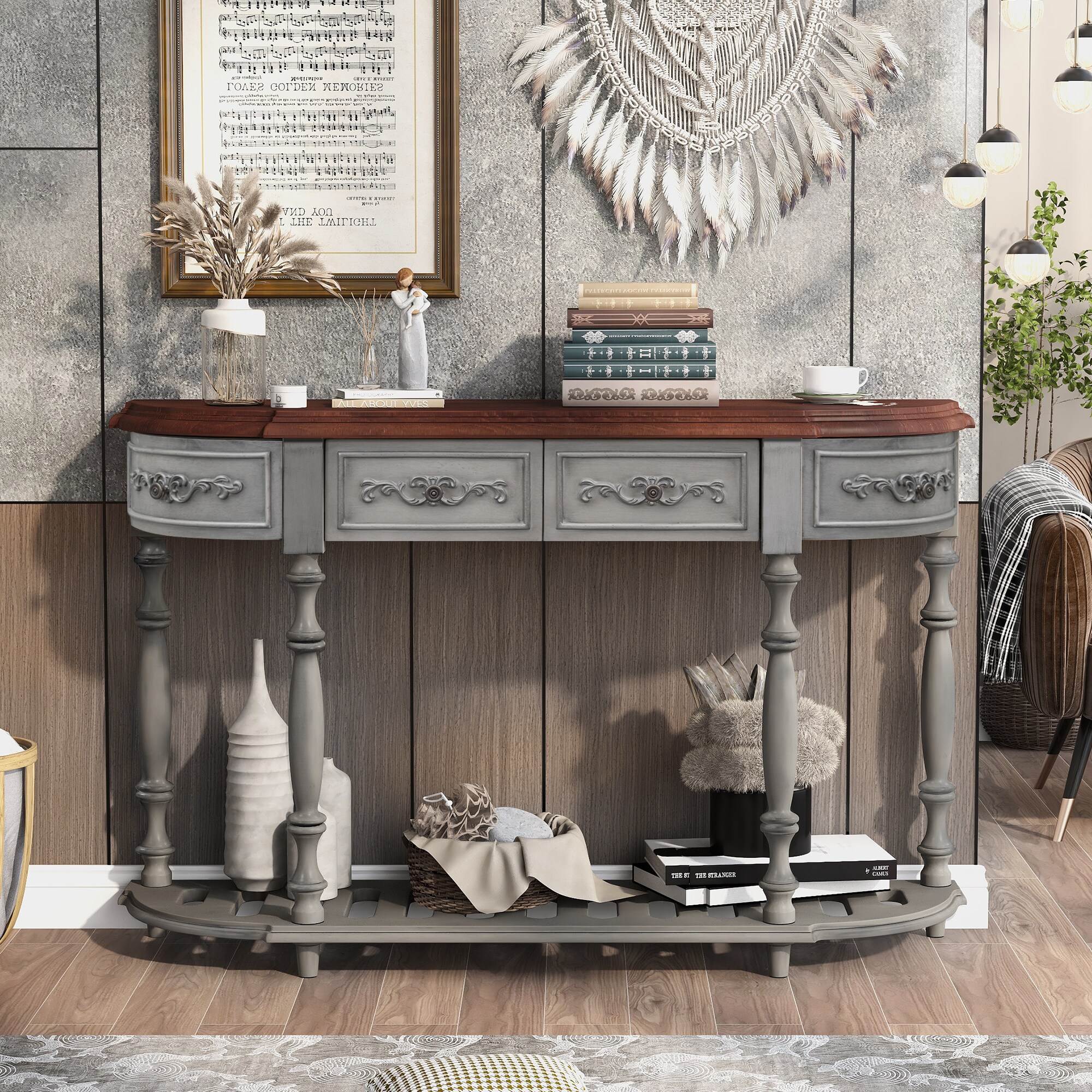ModernLuxe N711P186862E 52inchModern and Contemporary Curved Console Table Sofa Table Entryway Table for Hallway Living Room with 4 Drawers and 1 Shelf