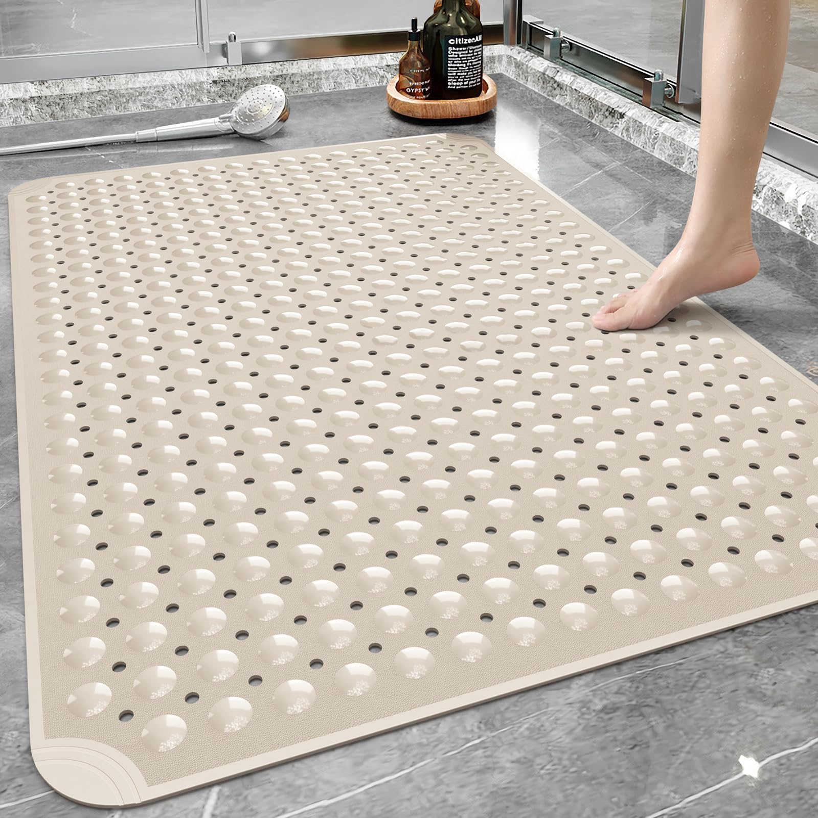 Wudkey 34.3 in L x 23.3 in W x 0.35 in H Anti Slip Extra Large Shower Mat in Apricot with Drain Holes and Suction Cups