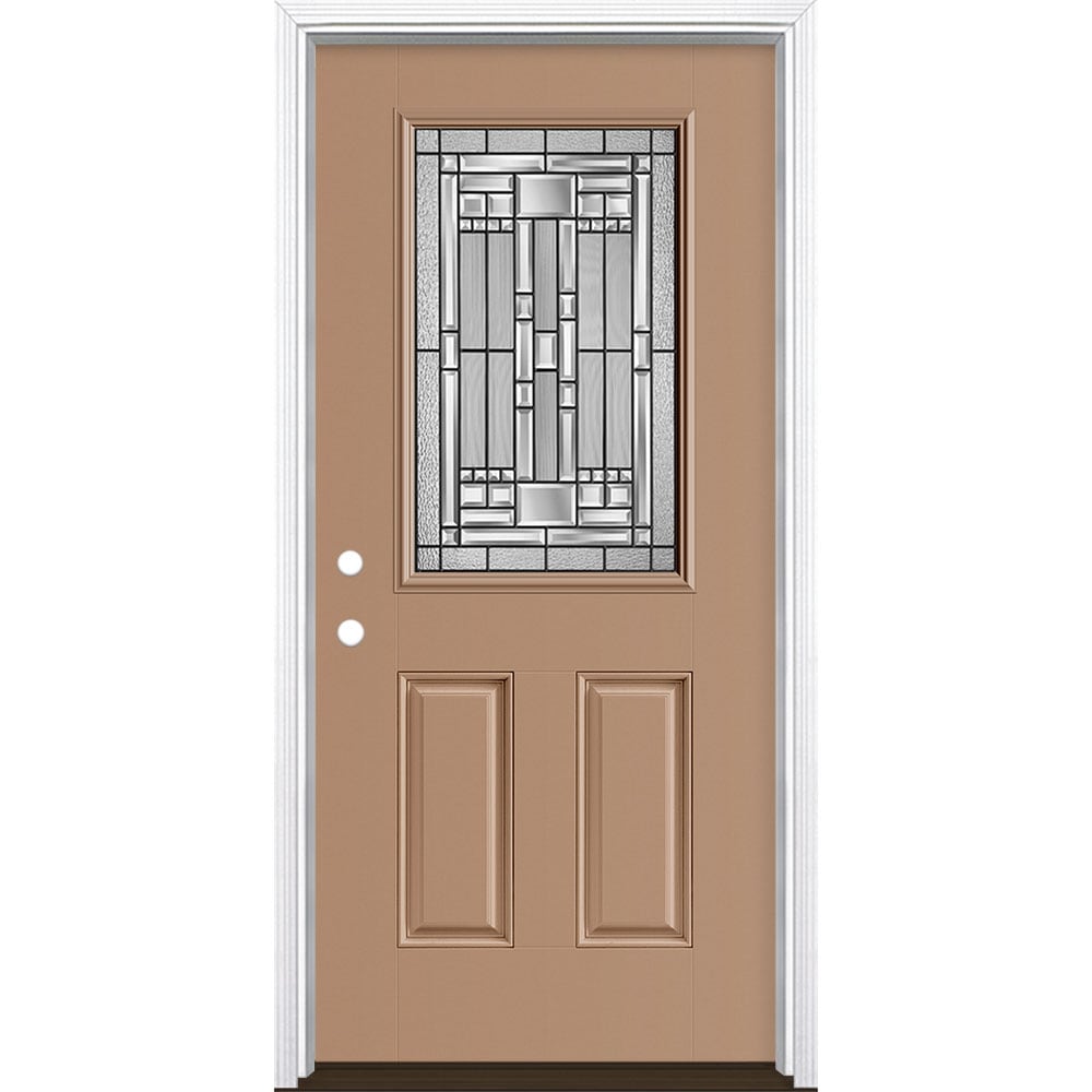 Masonite 3421278 Naples 36-in x 80-in x 4-9/16-in Fiberglass Half lite Right-hand inswing Warm Wheat Painted Prehung Single door Front Door with Brickmould Insulating core Decorative glass
