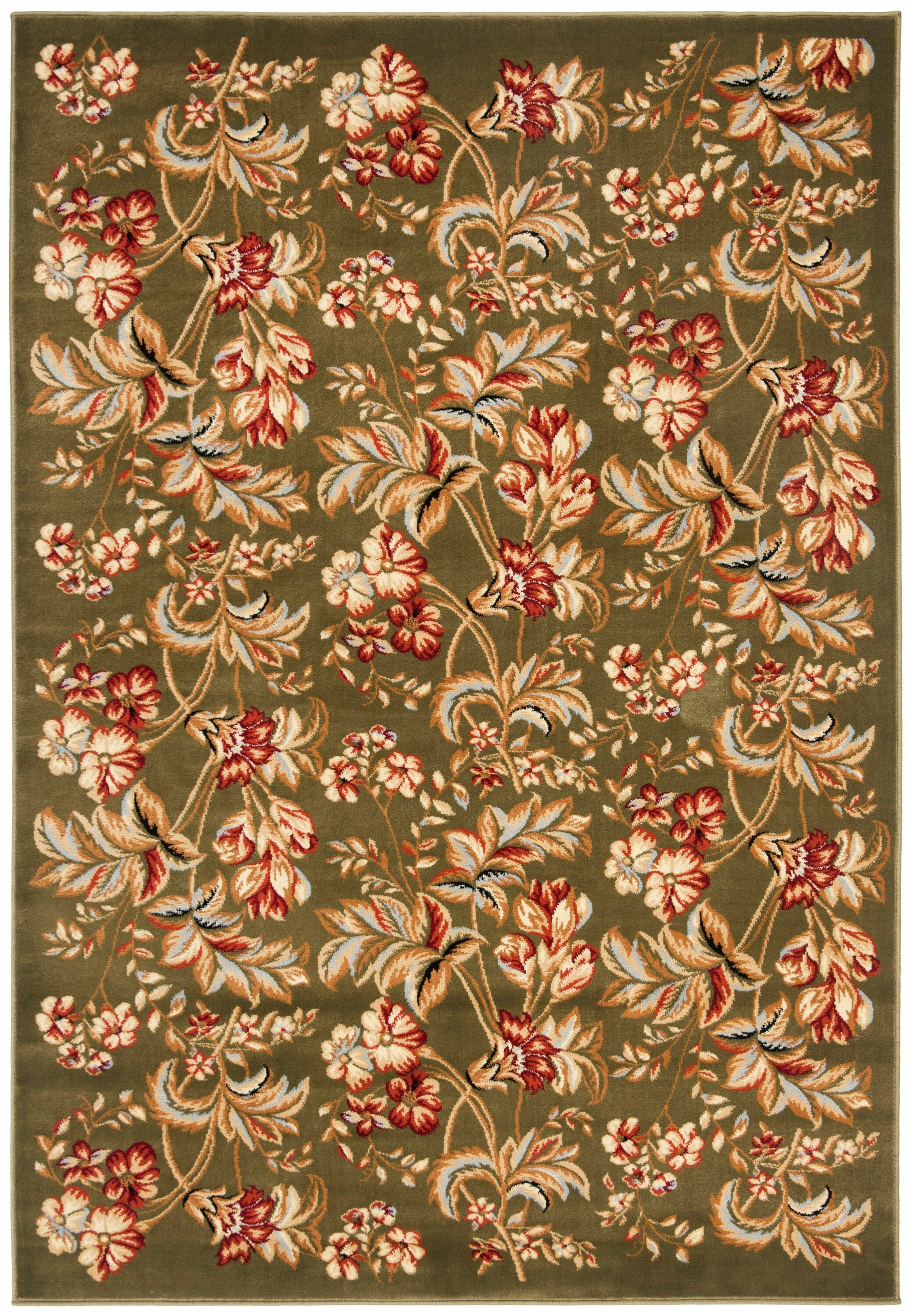 Handmade Sage and Red Synthetic Floral Area Rug, 5'3" x 7'6"
