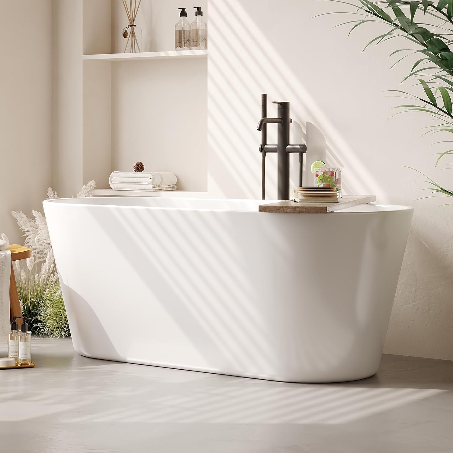 WhizMax PHO0ZSZC844 59 inch Acrylic Freestanding Bathtub Contemporary Stand Alone Tub Glossy White Soaking Tub Oval Bathtub with Chrome Overflow and Drain CUPC Certified