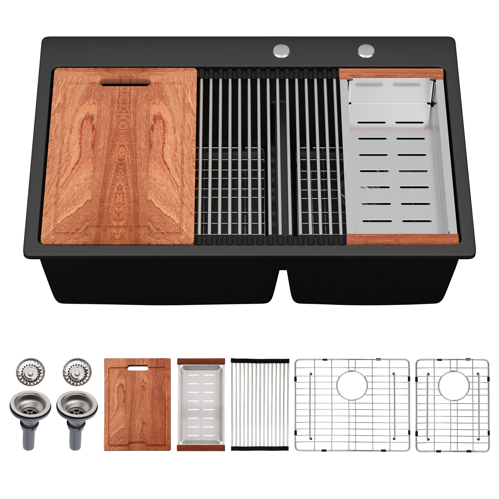 Lordear LD-SYSBLT33 Drop-in 33-in x 22-in Quartz Double offset bowl Workstation Kitchen Sink