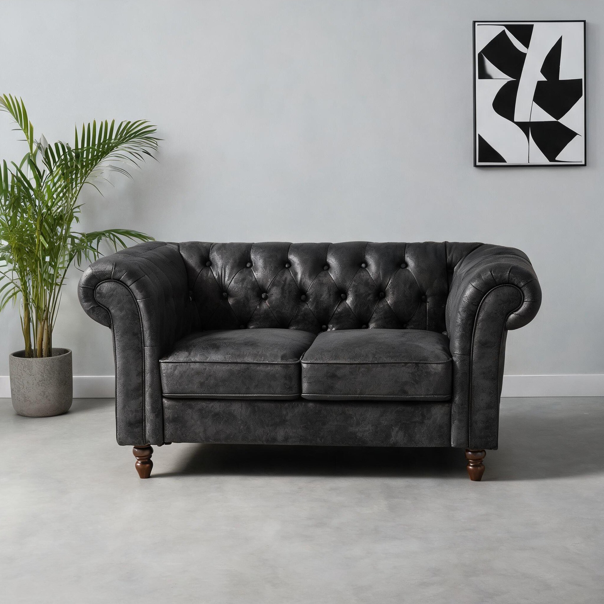 Watnature Chesterfield Mid-Century Modern Loveseat with easy-clean Tech Fabric Two-Seater matte black