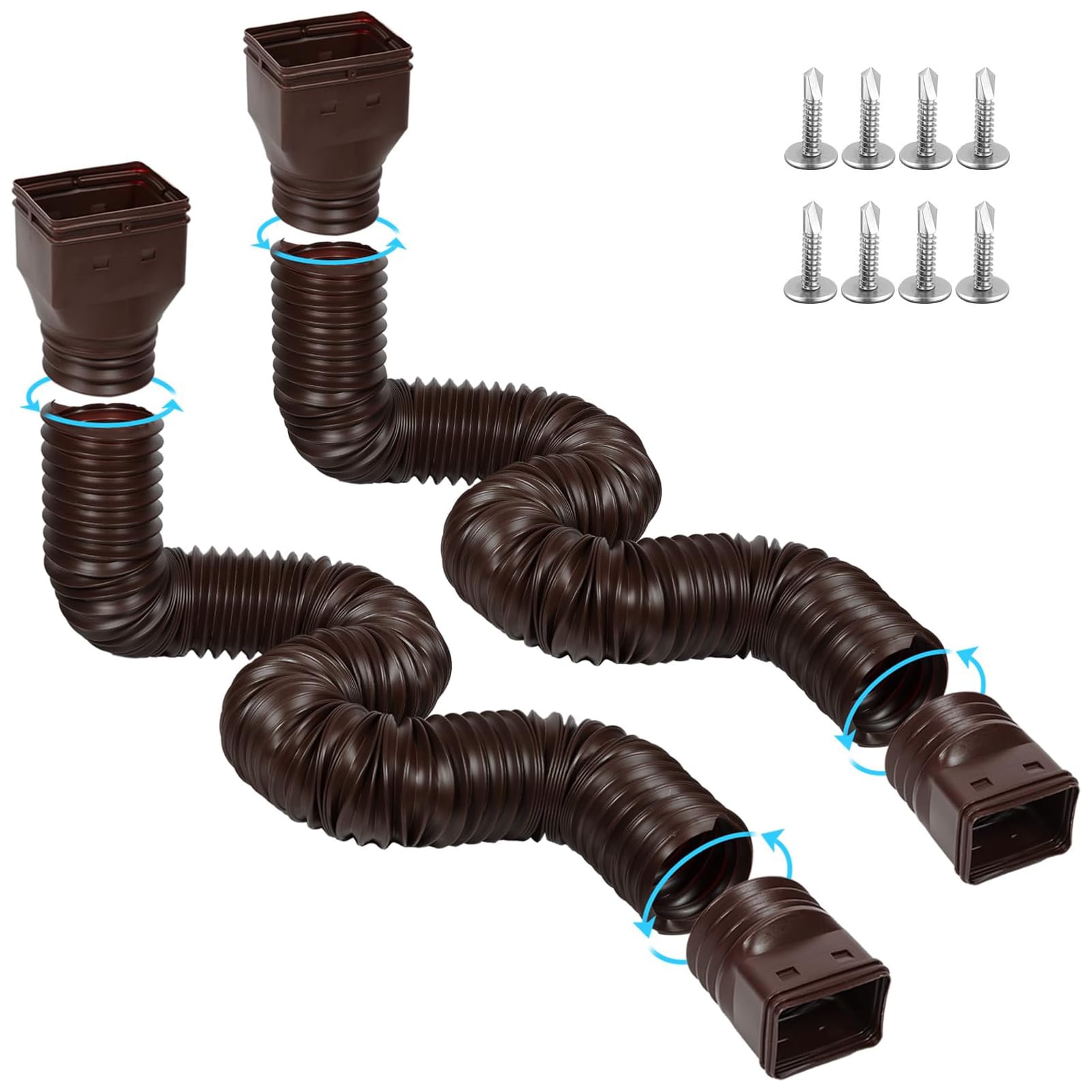 Misopily 2 Pack 11.5 ft Flexible Gutter Downspout Extensions 4 Inch Diameter PE Drain Extender with 4 Adapters and 8 Screws Extends 2.6 to 11.5 ft Brown