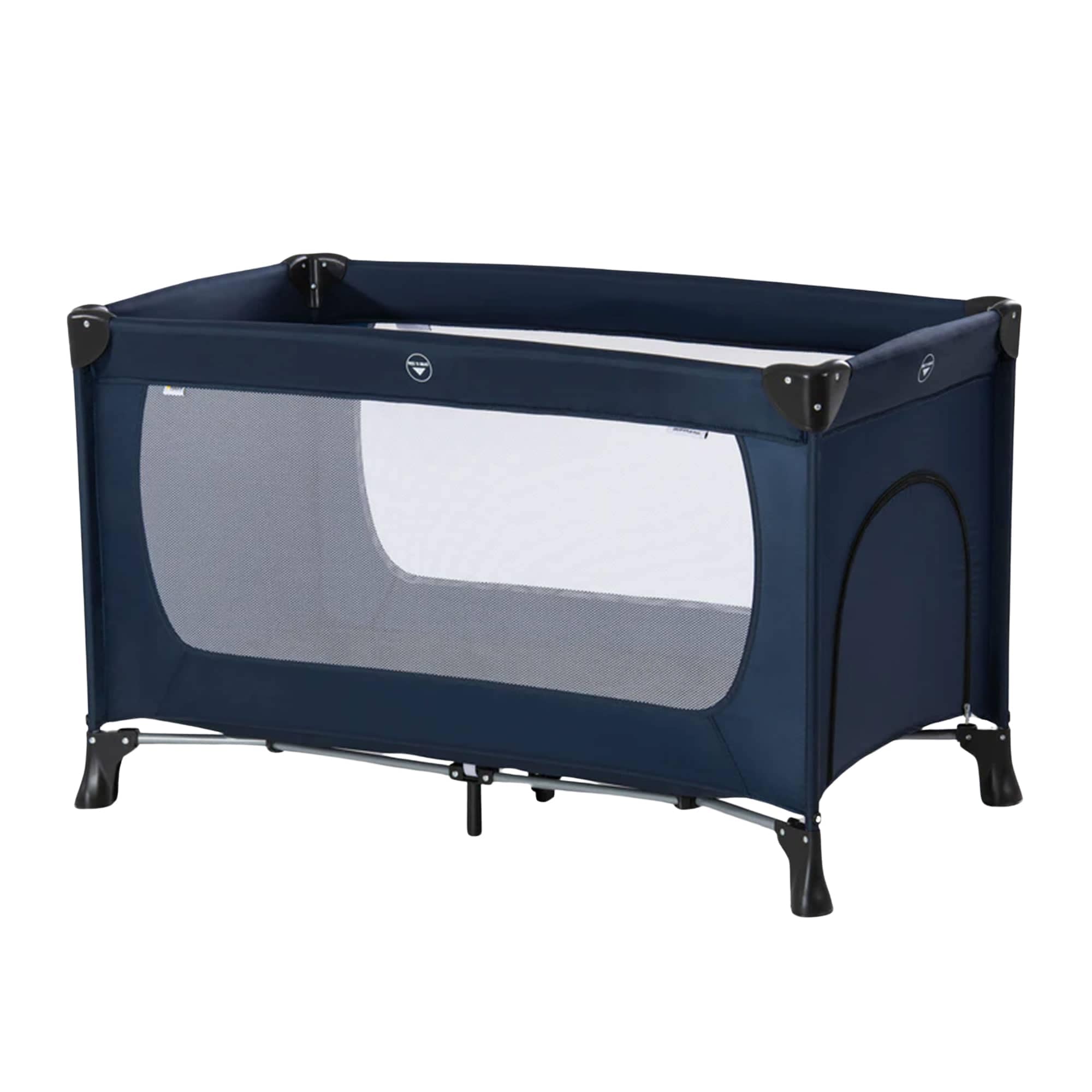 hauck 401107 Dream N Play Plus Travel Bed Portable Playpen Mattress with Viewing Windows and Side Exit Foldable Crib for Babies and Toddlers Navy Blue