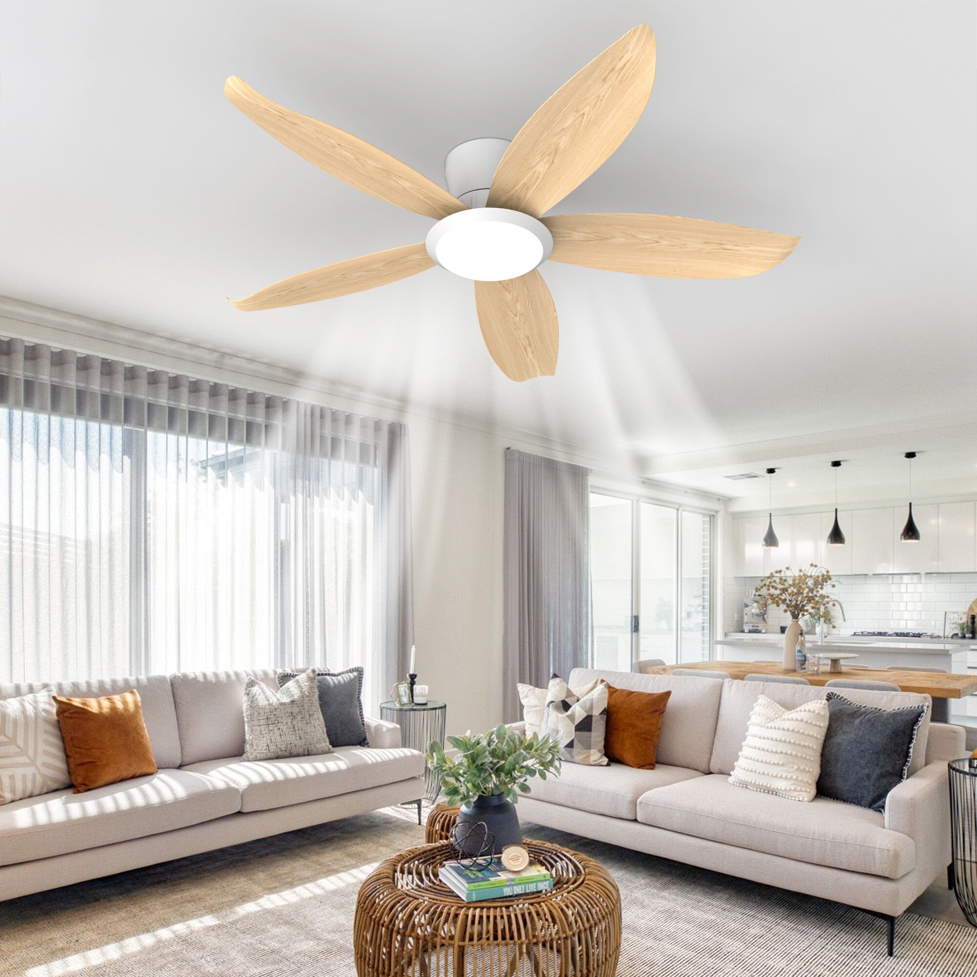 JUSHUA 42-in Wood Grain ABS Blade Ceiling Fan with Light High Airflow ...