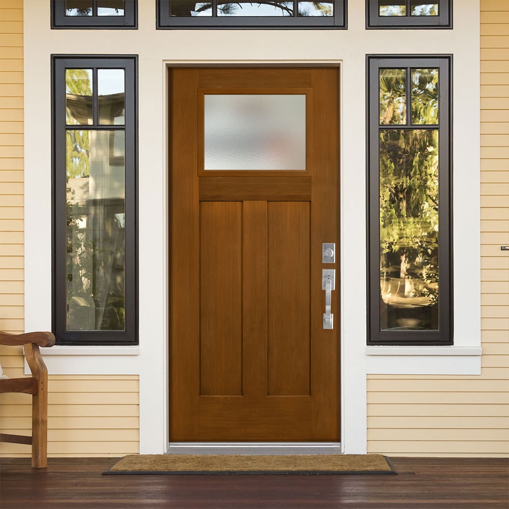 Masonite 628415 Pear Textured Glass 36-in x 80-in x 4-9/16-in Fiberglass Craftsman Left-hand inswing Woodhaven Stained Prehung Front Door with Brickmould Insulating core
