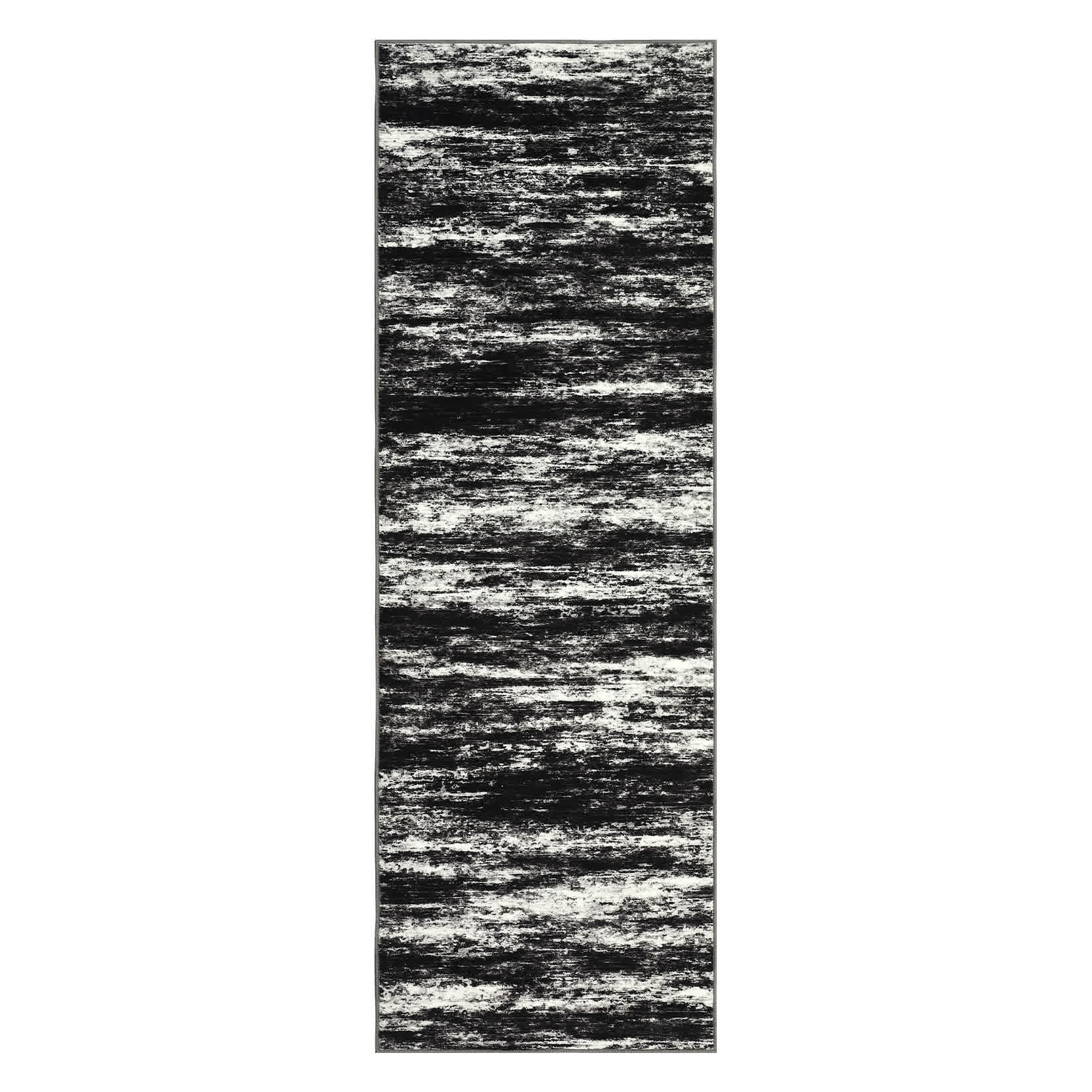 WhizMax SUNNY-PHK-33HJ489D 2 x 6 ft Polyester Black Grey Rectangular Hallway Entryway Bathroom Kitchen Stripped Lines Print Modern Abstract Machine Washable Runner Rug