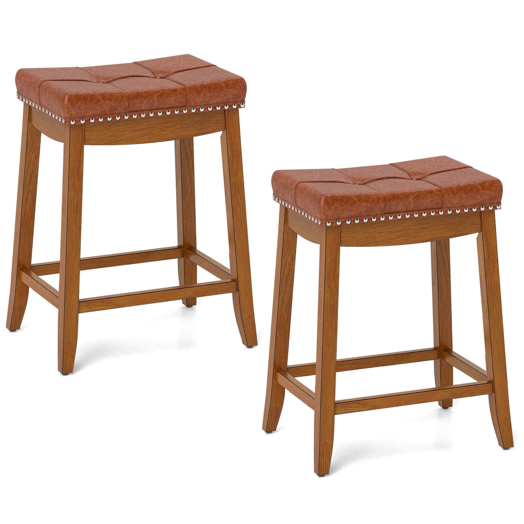 Costway HCST04363 Set of 2 Brown 25-in H Counter height (24-in to 27-in) Saddle Seat Upholstered Swivel Wood Bar Stool