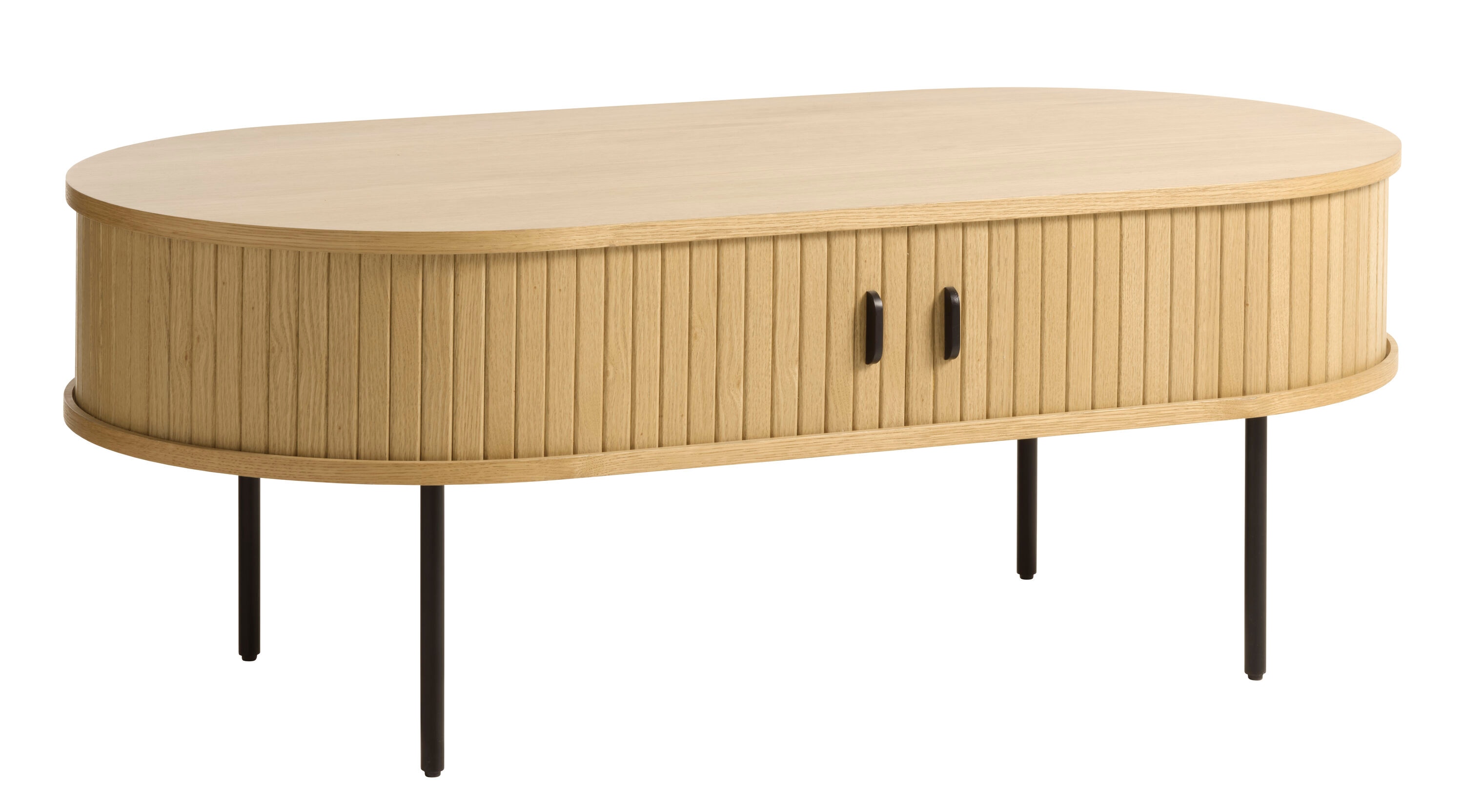 Natural Oak Oval Coffee Table with Black Metal Legs and Storage