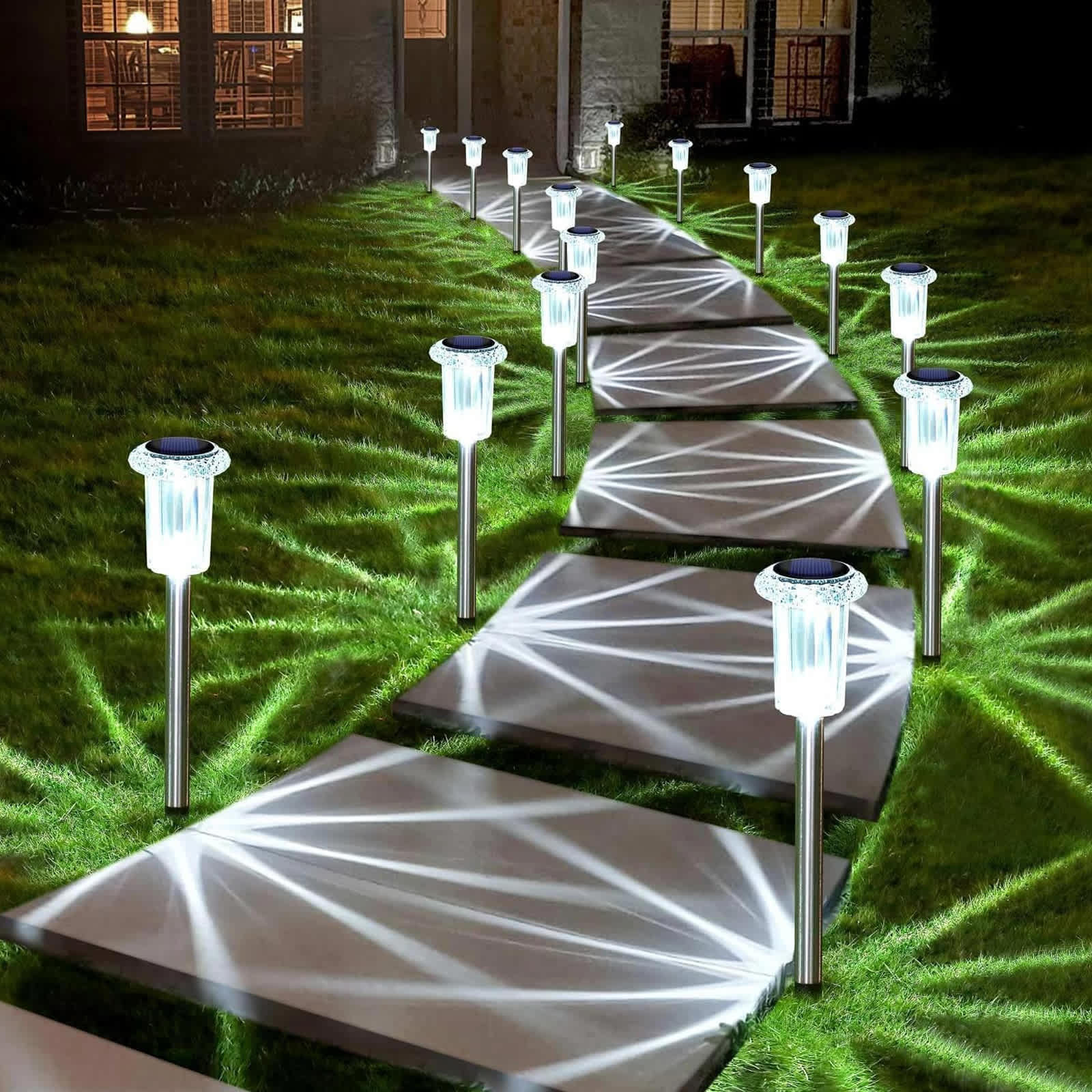 Aoibox  10 Pack Solar Outdoor Lights Waterproof 6000K Cool White LED Acrylic Lampshade Stainless Steel Stake for Yard Pathway Garden Landscape
