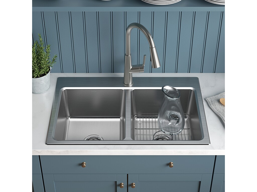 KOHLER Prologue Dual-mount 33-in x 22-in Stainless Steel Single Bowl 2-Hole  Workstation Kitchen Sink with Drainboard in the Kitchen Sinks department at